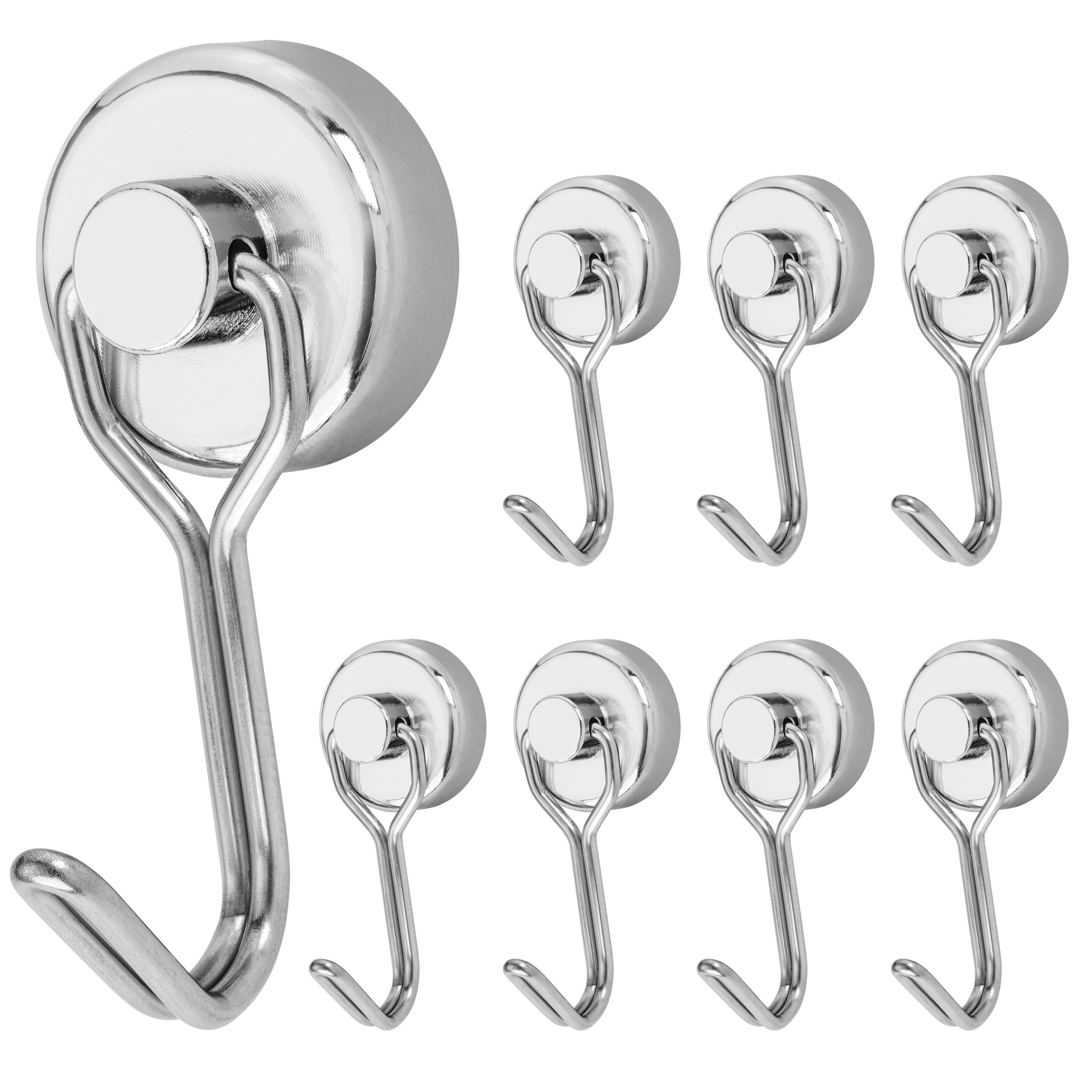 Poppstar Magnethalter (8-St), 8 Stück Neodym Magnethaken silbern (Haftkraft 15 kg, Länge 4,3 cm)