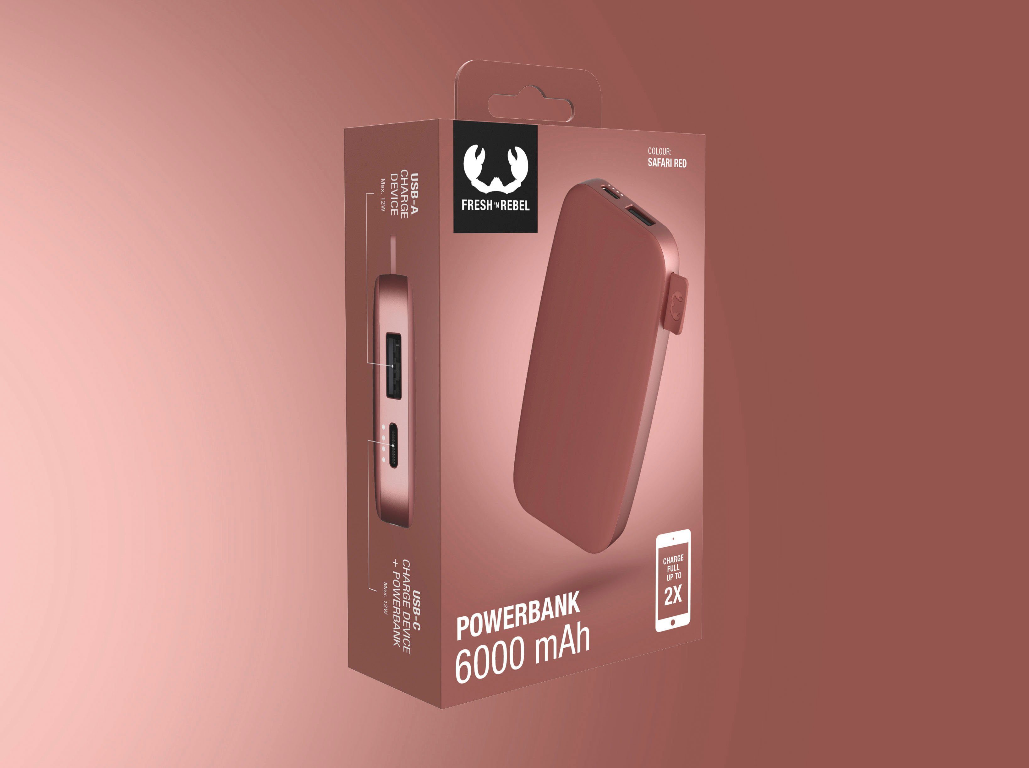 (5 6000mAh Power V) USB-C, Fast Powerbank Fresh´n Pack mit Charge Rebel rot