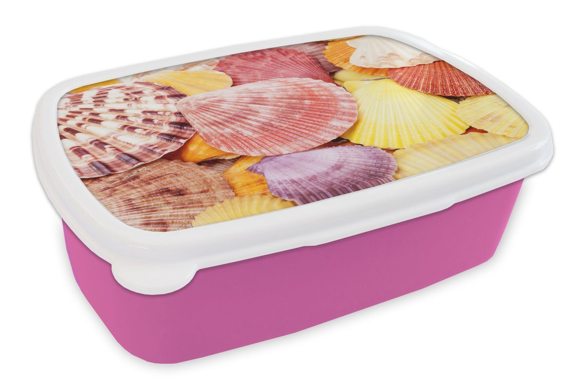 MuchoWow Lunchbox Muscheln - Rot - Gelb - Strand - Sommer, Kunststoff, (2-tlg), Brotbox für Erwachsene, Brotdose Kinder, Snackbox, Mädchen, Kunststoff rosa
