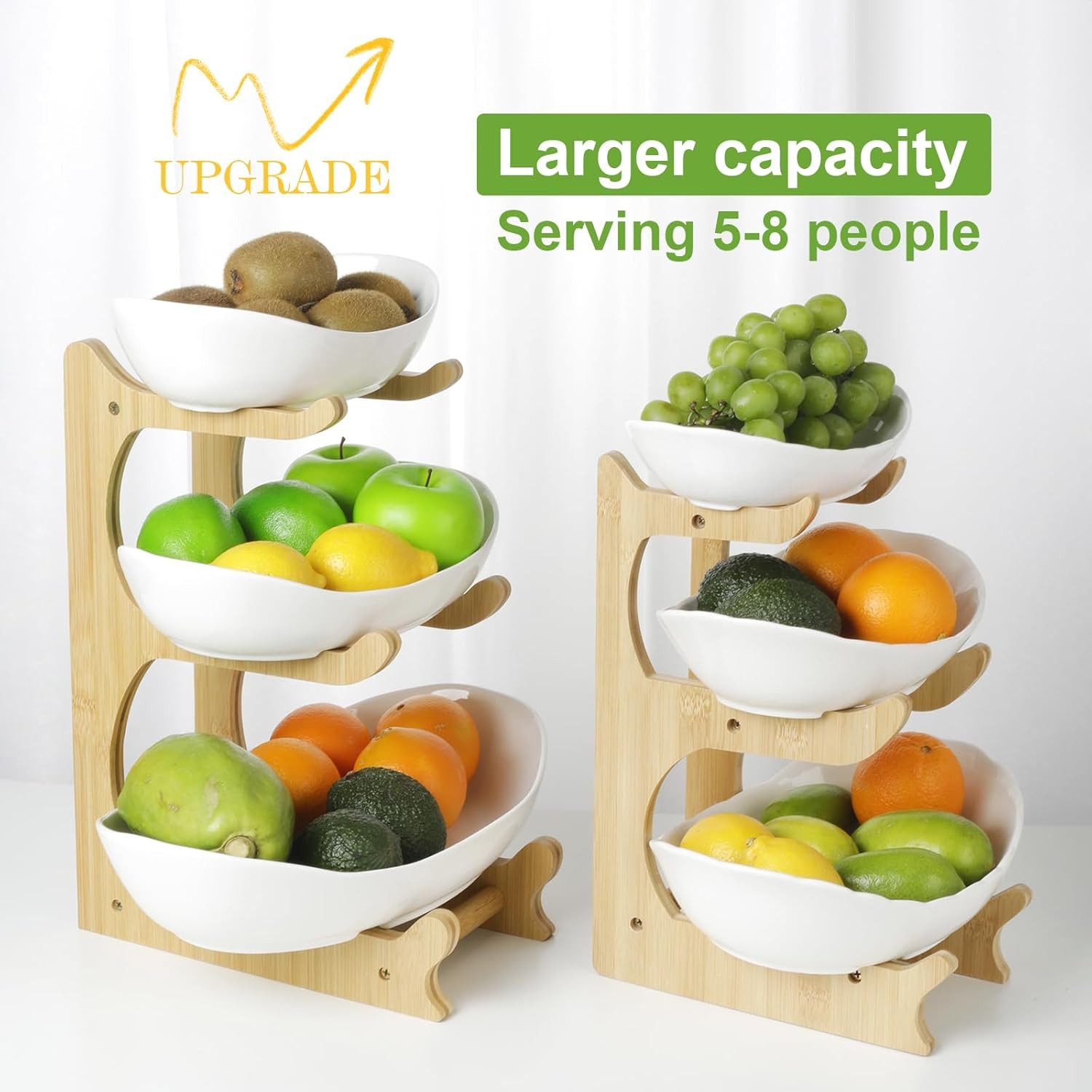 LIBWYS Obstschale Obst Etagere 3 Etagen Keramik Obstschale mit Bambusständer weiß, (Obst Etagere 3 Etagen Keramikschalen mit Bambusständer weiß Küche), Vertikales Design, stabile L-Form, platzsparend, vielseitig nutzbar