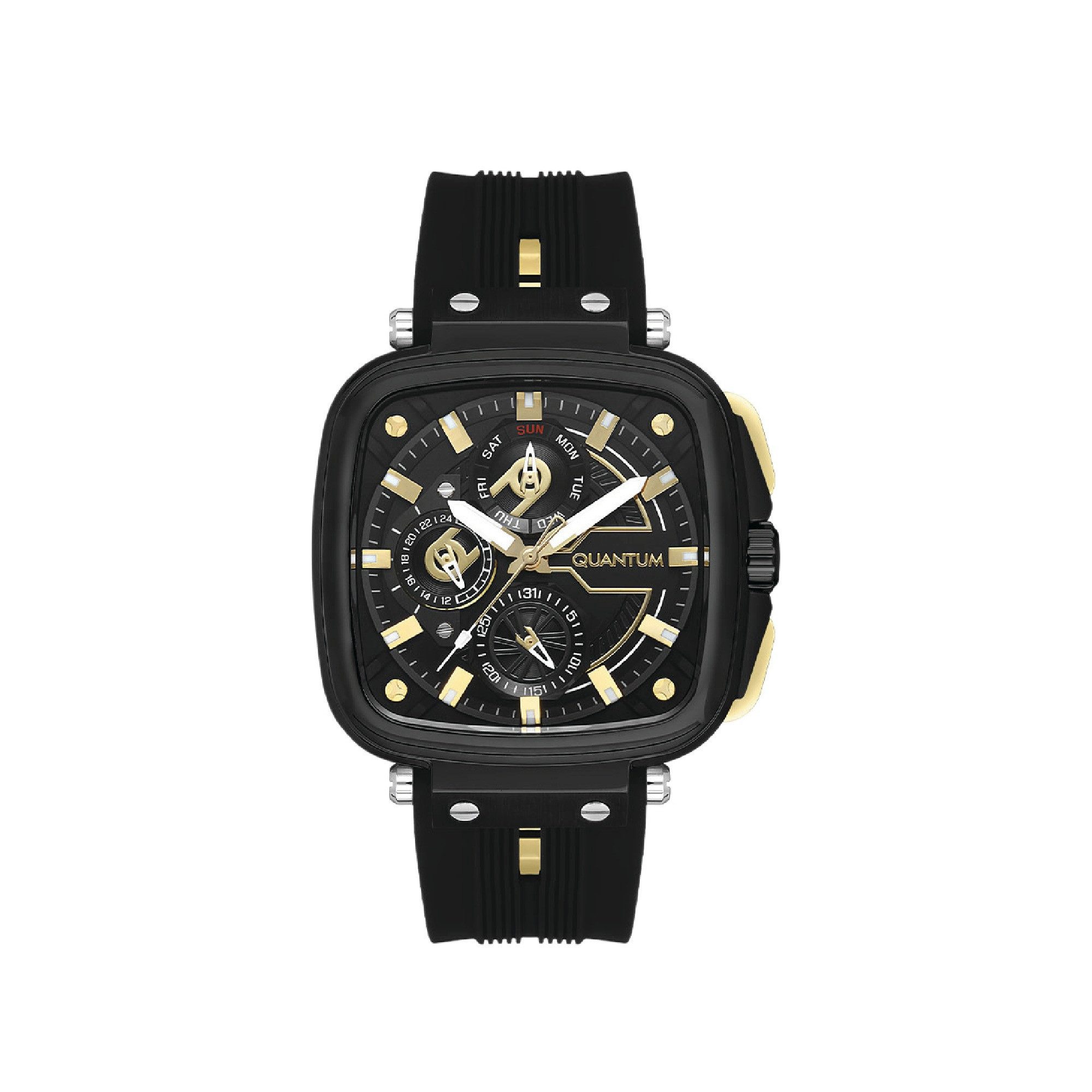 QUANTUM Multifunktionsuhr Herrenuhr mit Silikonarmband, 48 mm, Herren Armbanduhr schwarzes Zifferblatt, schwarz – PWG1014.651, (1-tlg), Datum & Wochentag, Mineralglas, 5 ATM, inkl. Geschenkbox