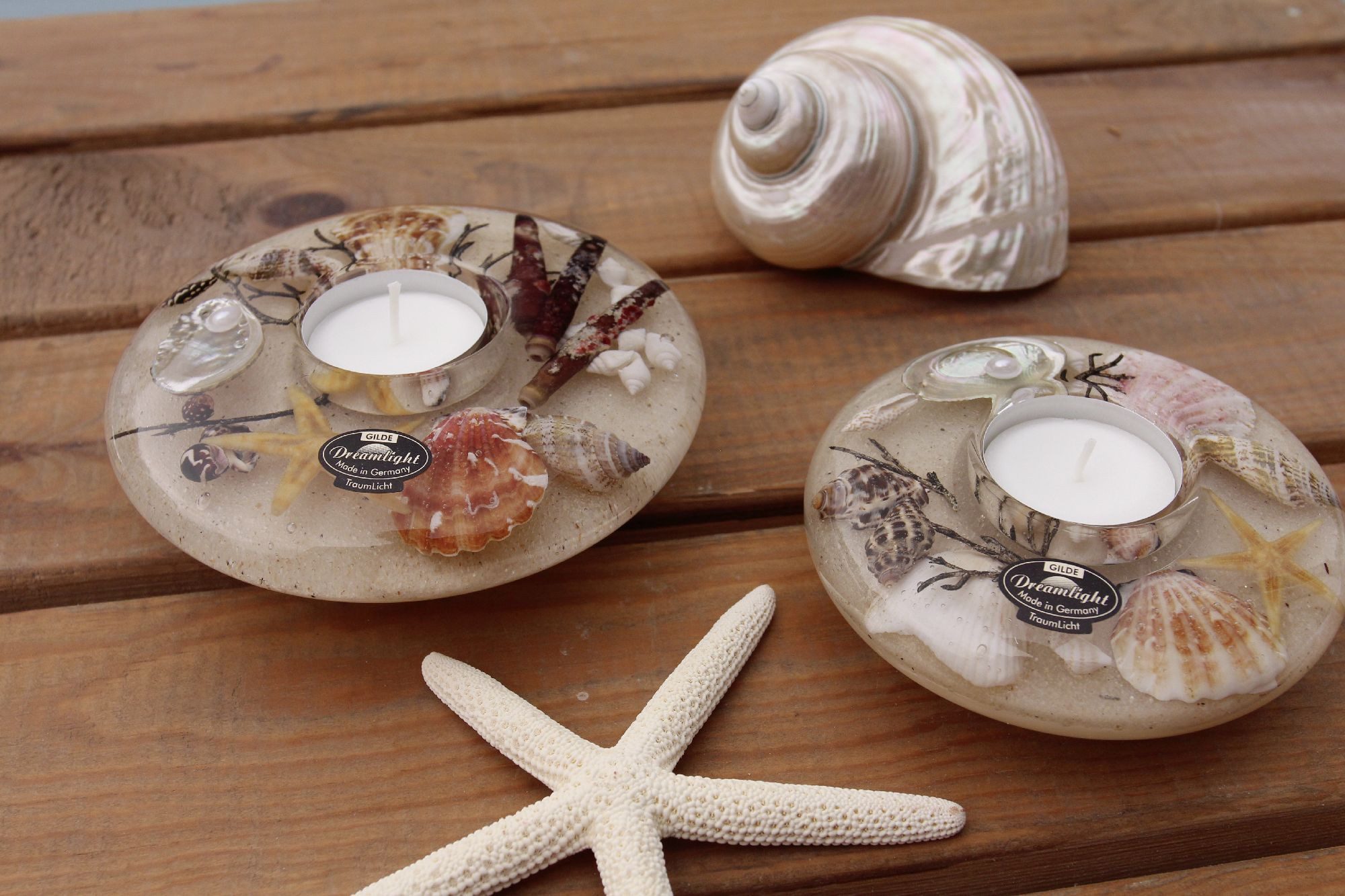 GILDE Teelichthalter Dreamlight, Höhe: 4cm, Farbe: Naturfarben, Motiv: Muscheln