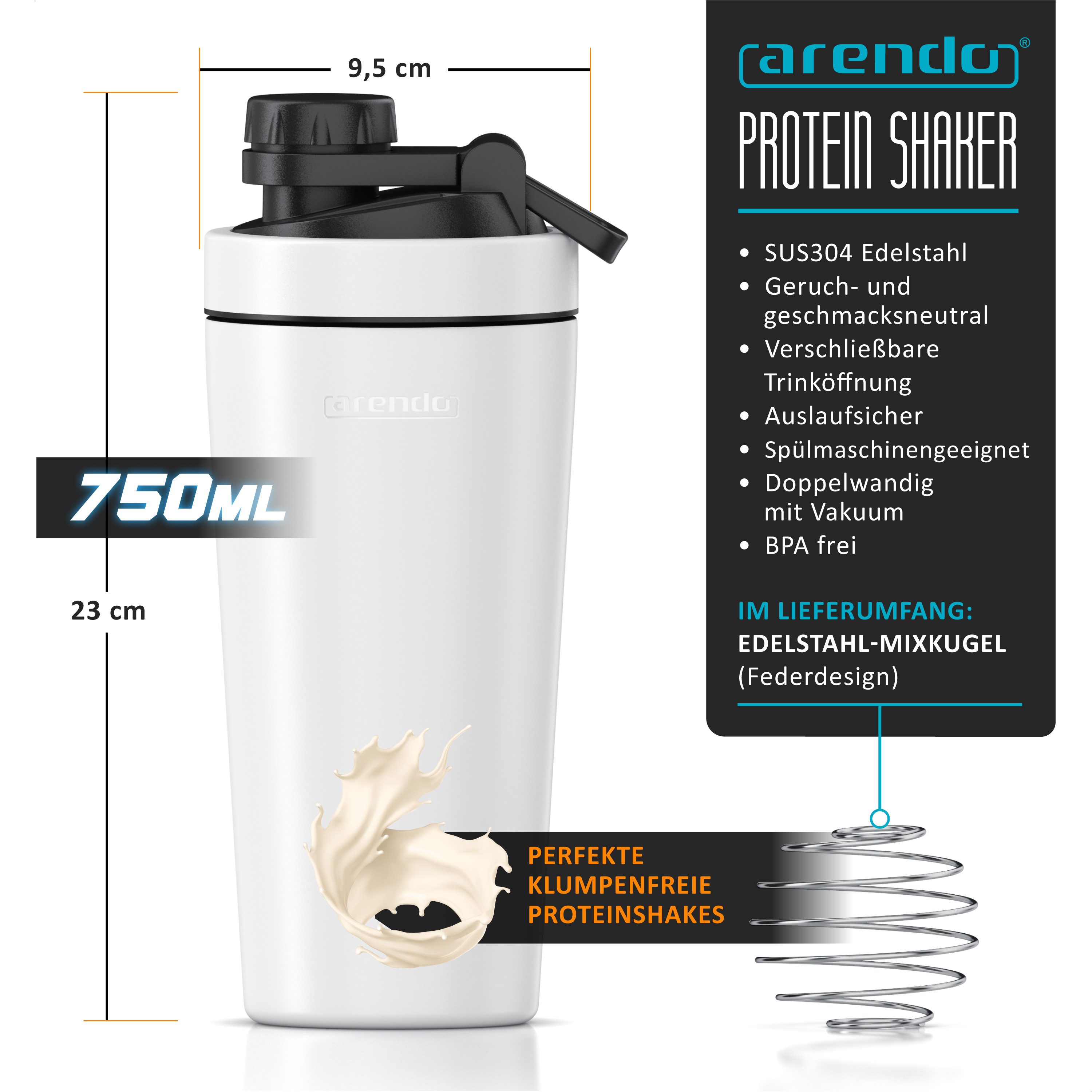 Arendo Protein Shaker Edelstahl Eiweißshaker 750 ml, verschließbar, bruchfest, BPA-frei, Edelstahl, auslaufsicher, spülmaschinengeeignet, mit Tragegriff und Mixball