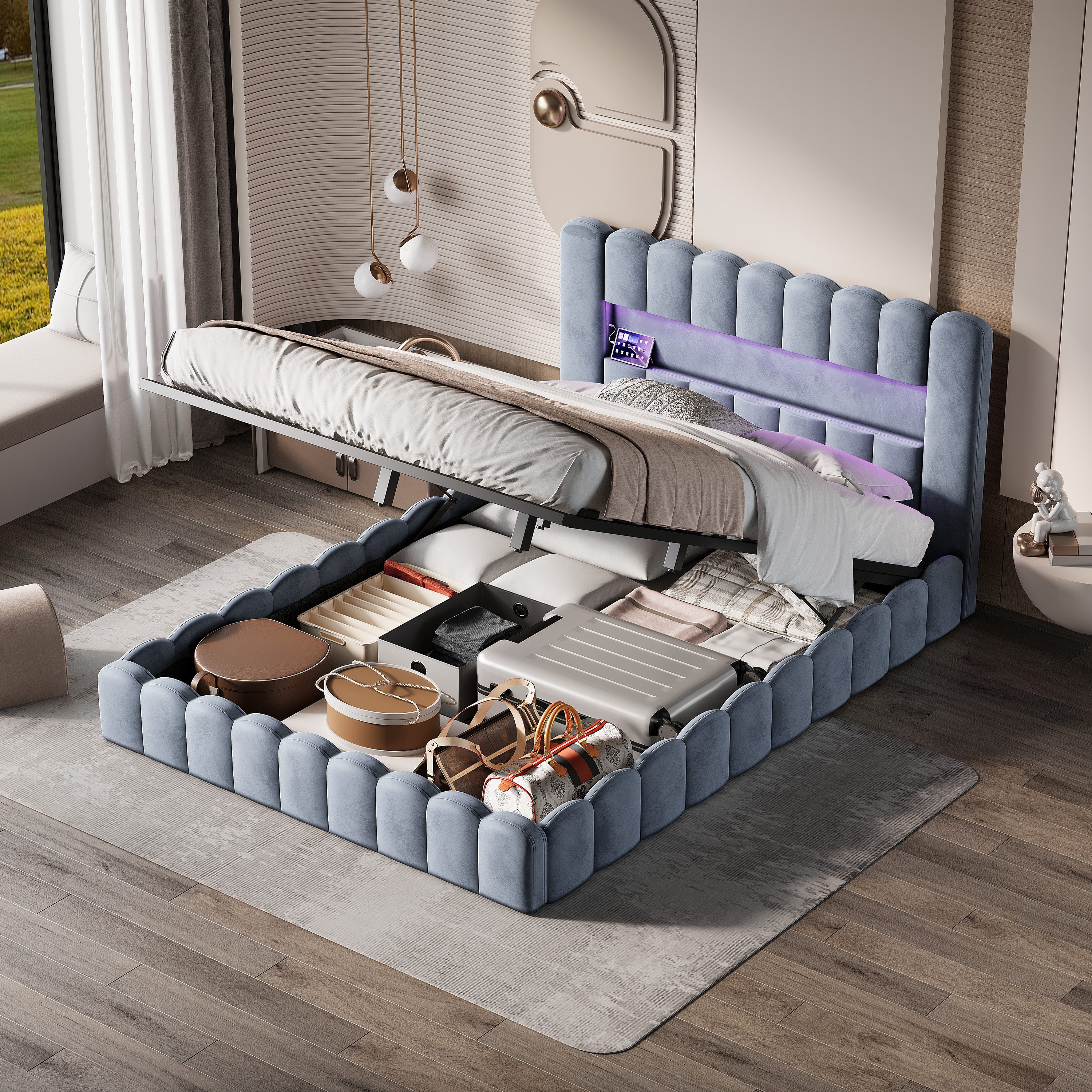 PXloue Polsterbett Doppelbett Jugendbett (ohne Matratze), Stauraumbett, Bettkasten, LED-Beleuchtung, USB-Anschluss, 180x200 cm