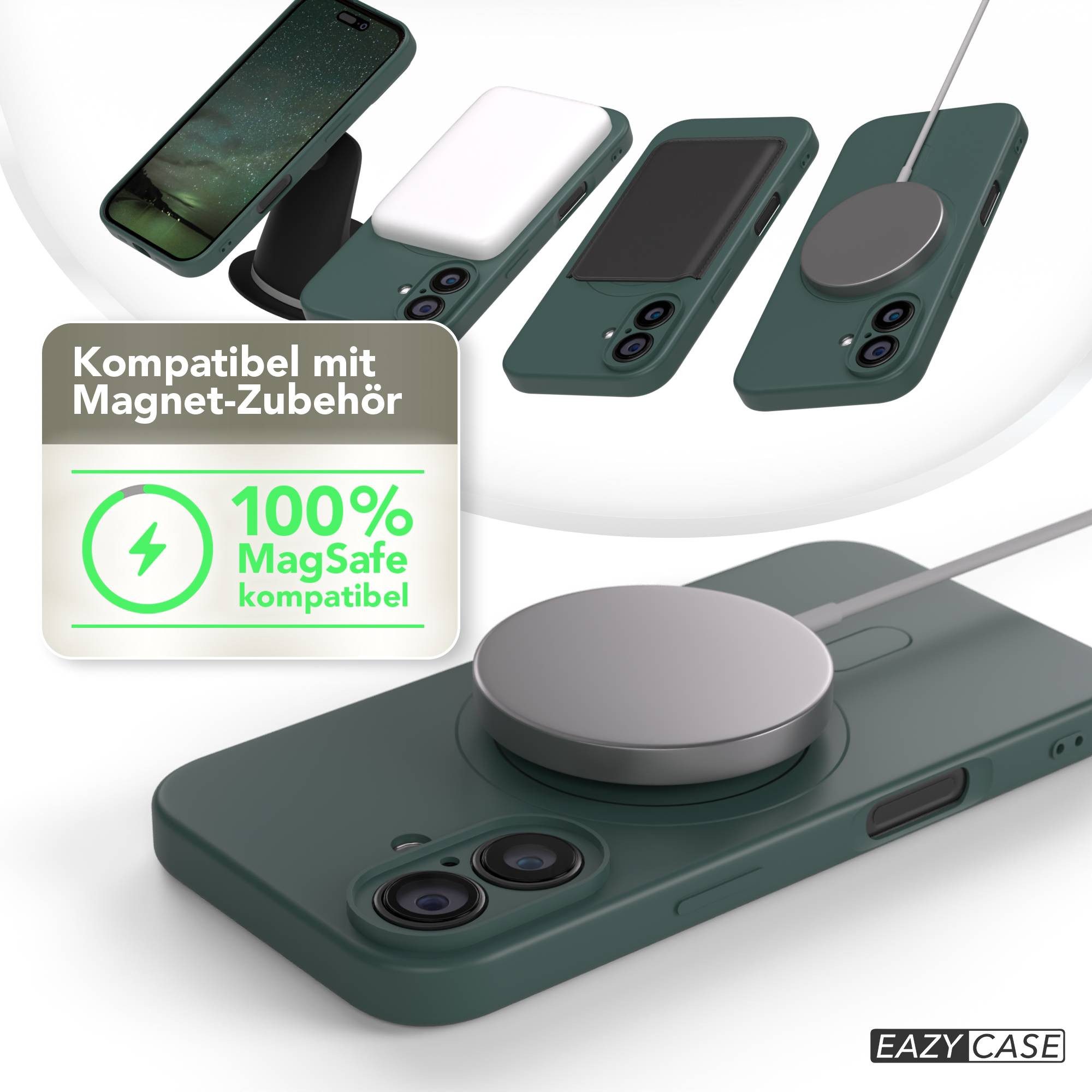 EAZY CASE Handyhülle für Apple iPhone 16 Hülle Silikon 6,1 Zoll, MagSafe Case Silikon kratzfestes Bumper Cover Qi-Charging Dunkelgrün – Bild 5 von 5