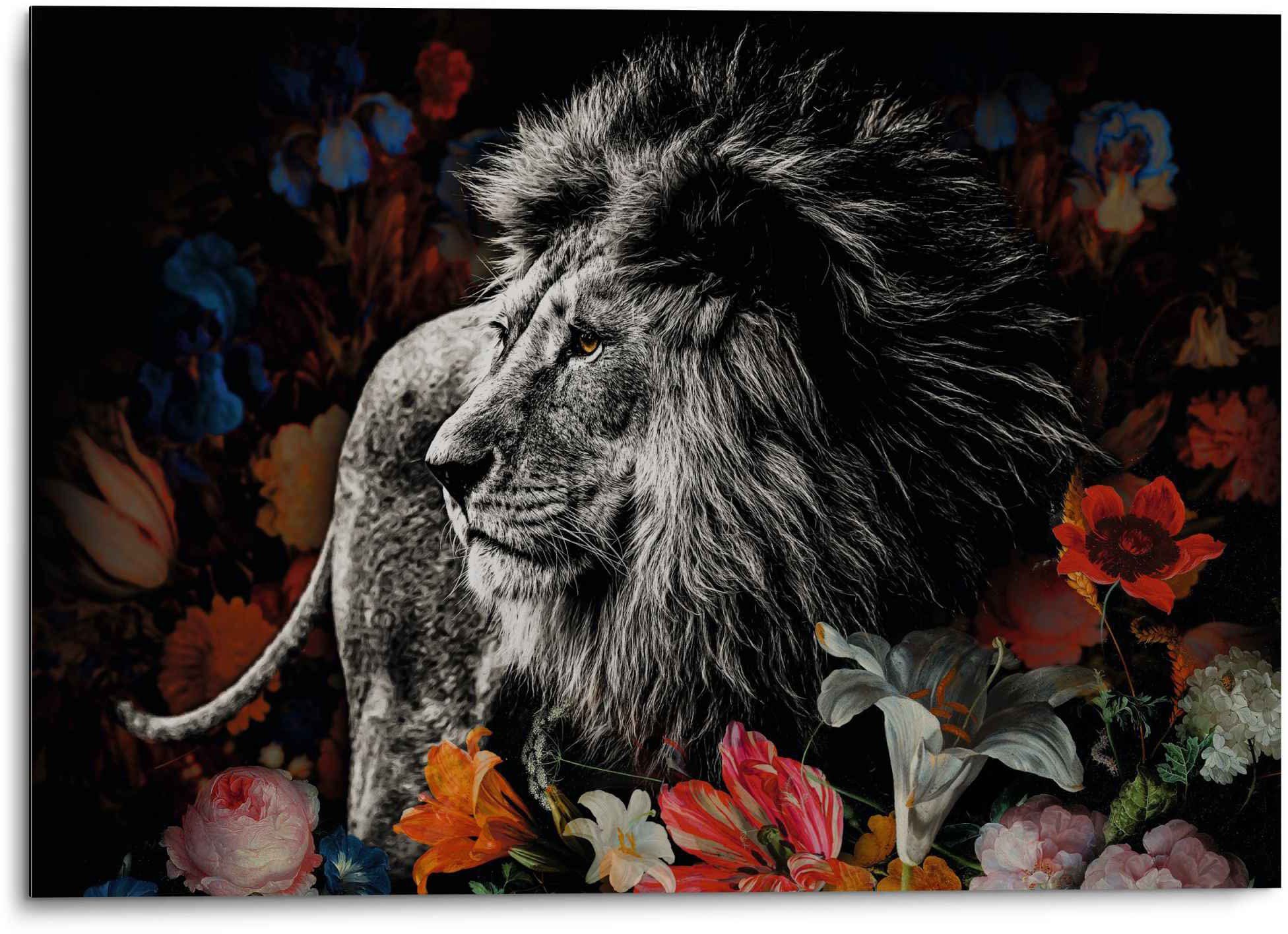 Reinders! Wandbild Aluminium Wandbild Löwe in Blumen de Heem - Kräftig - Farbenfroh, Löwen (1 St) | Kunstdrucke