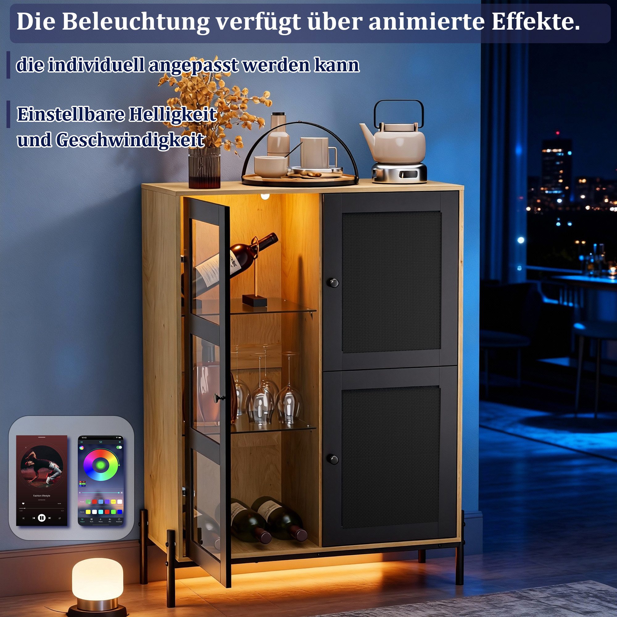 UEV Weinschrank Kaffeeschrank mit Tassenhalter, Küchenschrank, Kommode mit 3 Türen (Rattan-Design,Einstellbare LED-Leuchte,Anti-Kipp System) Herausnehmbare Einlegeböden, Weinglashalter, Glasregale