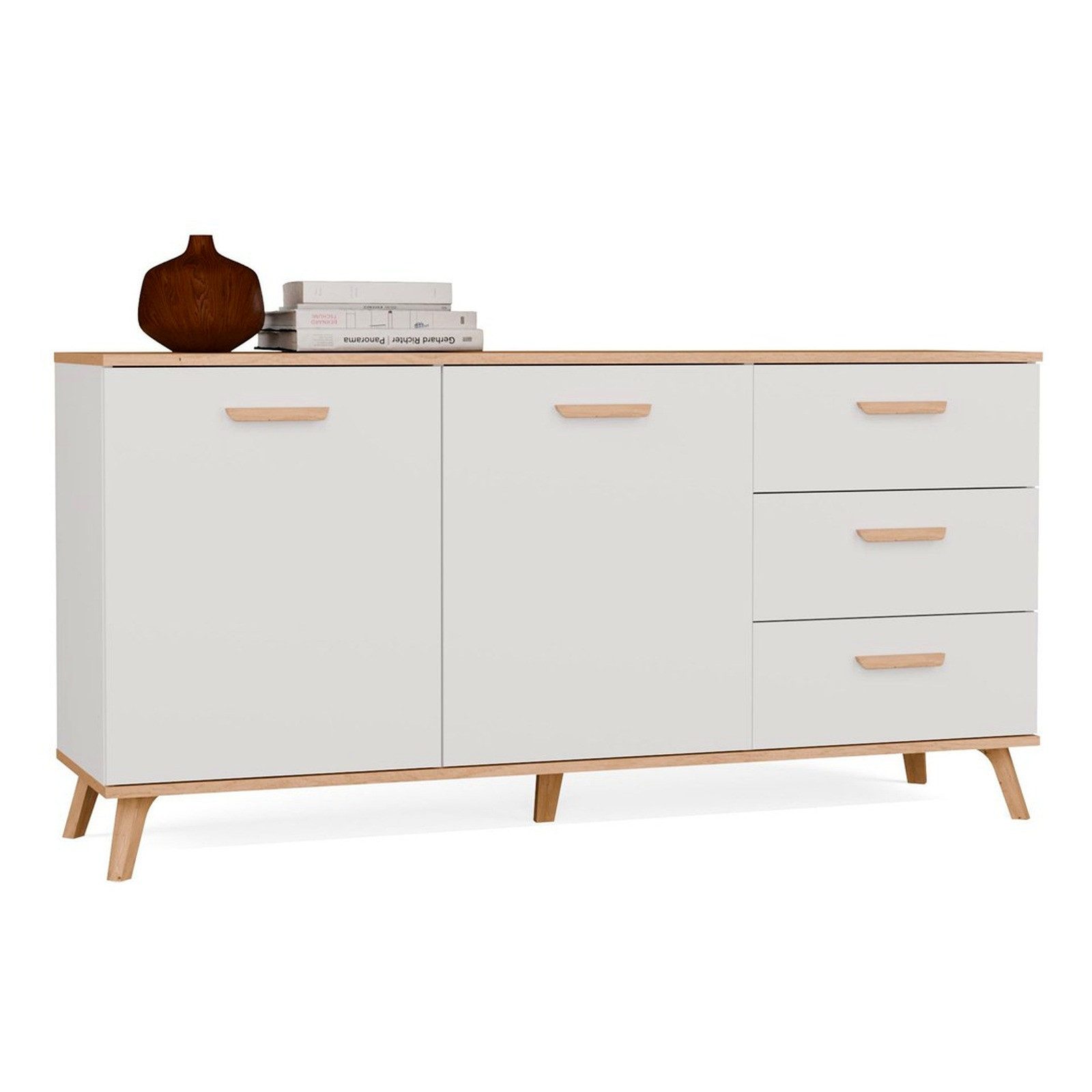 ibonto Eckkommode Kommode skandinavisch weiß Eiche, 150 cm, 3 Schubladen