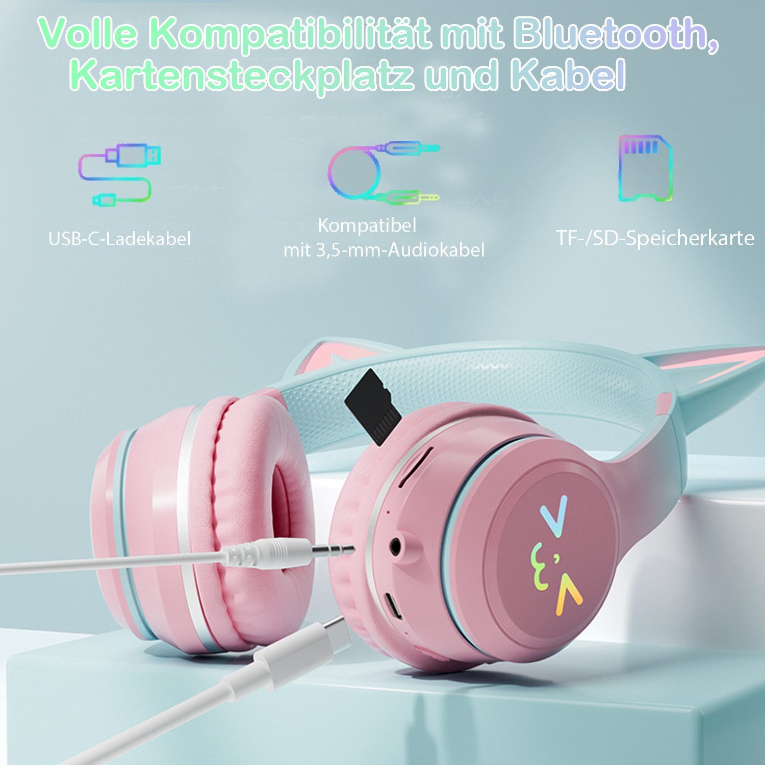MOPUEA Faltbare Bluetooth Kopfhörer,RGB-LED-Leuchten,Bluetooth 5.1,HiFi Sound Over-Ear-Kopfhörer (für Kindergeschenke/Schule/Tablet/Reisen)