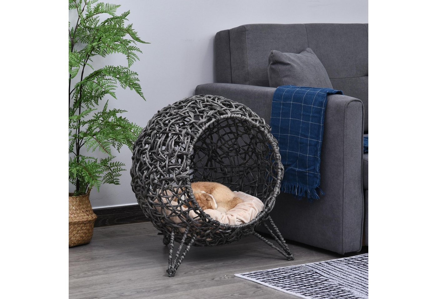 Thumbnail - PawHut Tierhaus Katzenhöhle aus PE-Rattan mit Kissen, erhöhten Füßen PE-Rattan, für Katzen, Silbergrau