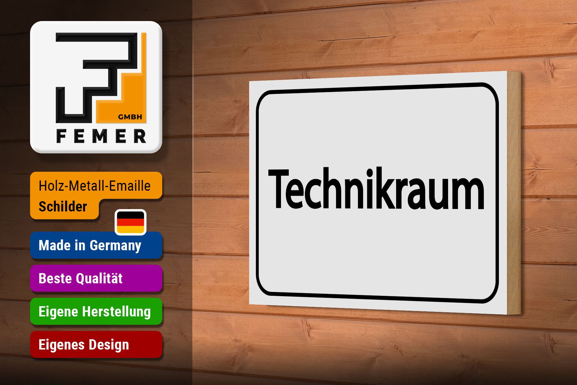 Femer GmbH Holzbild Hinweis 12x18 cm Technikraum weißes, (1 St), Glatte Holzfaserplatte (MDF), vorn beschichtet