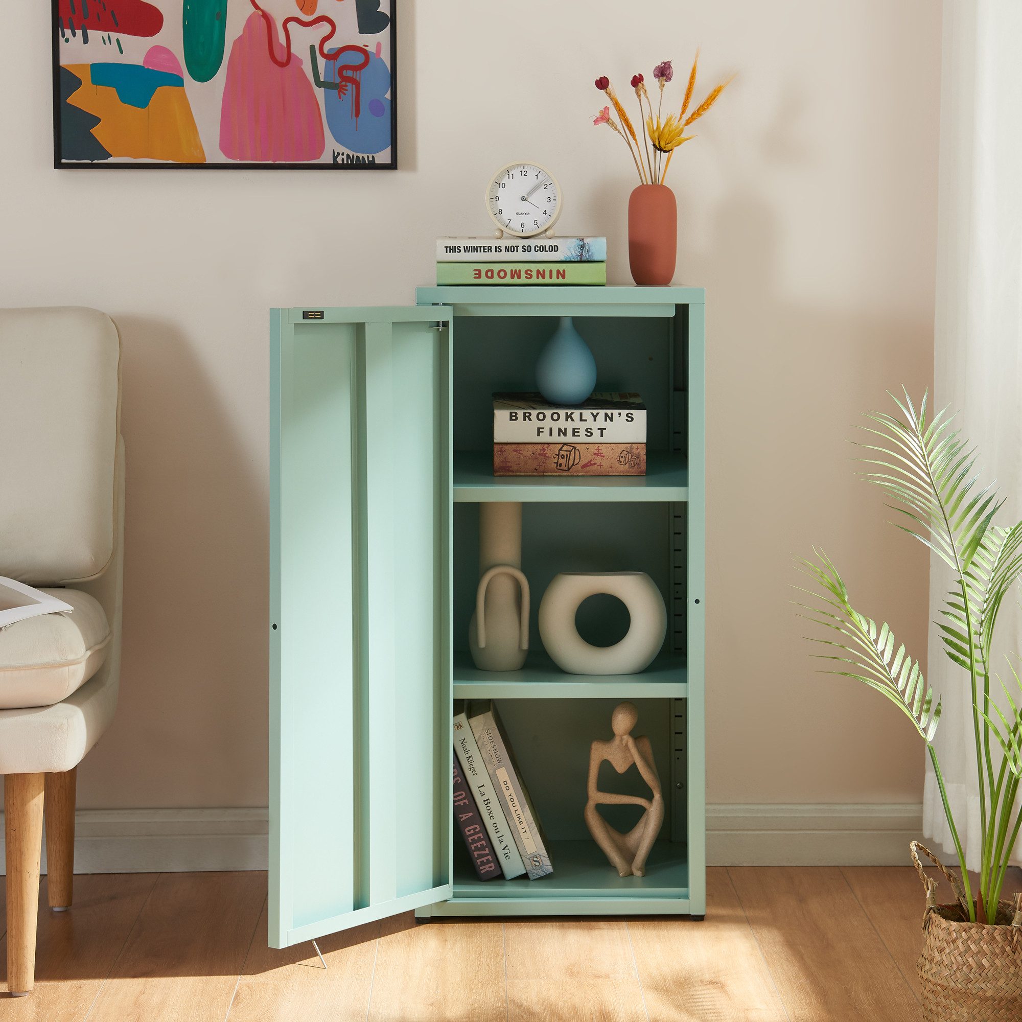 en.casa Mehrzweckschrank »Burlöv« mit 1 Tür und 2 Ablagen 88x40x35 cm Mintgrün