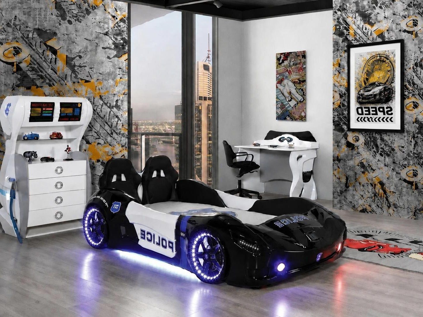 Xlmoebel Jugendzimmer-Set Polizei Autobett Rennwagen LED Schreibtisch Kommode Schwarz, (3-tlg., 3-teilig)