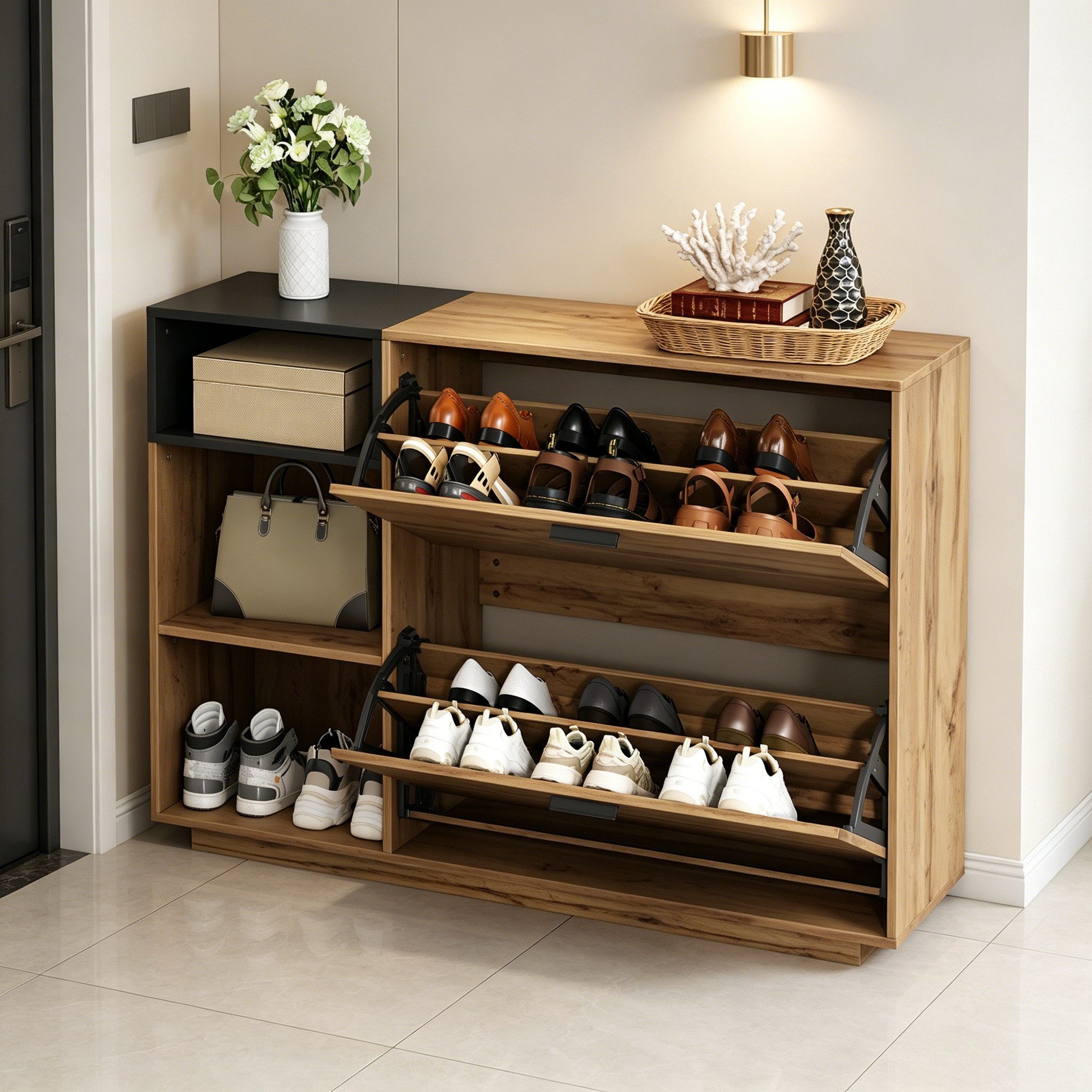 BlingBin Schuhschrank 120x32x84,5 cm Schuhkipper mit 3 Offenen Fächern & 2 Klappfächern (1er Set, 1-St., max. 50kg belastbar, Eingangsschrank, Sideboard) Doppelschrank aus MDF für Wohnzimmer Flur, Naturholzfarbe + Schwarz