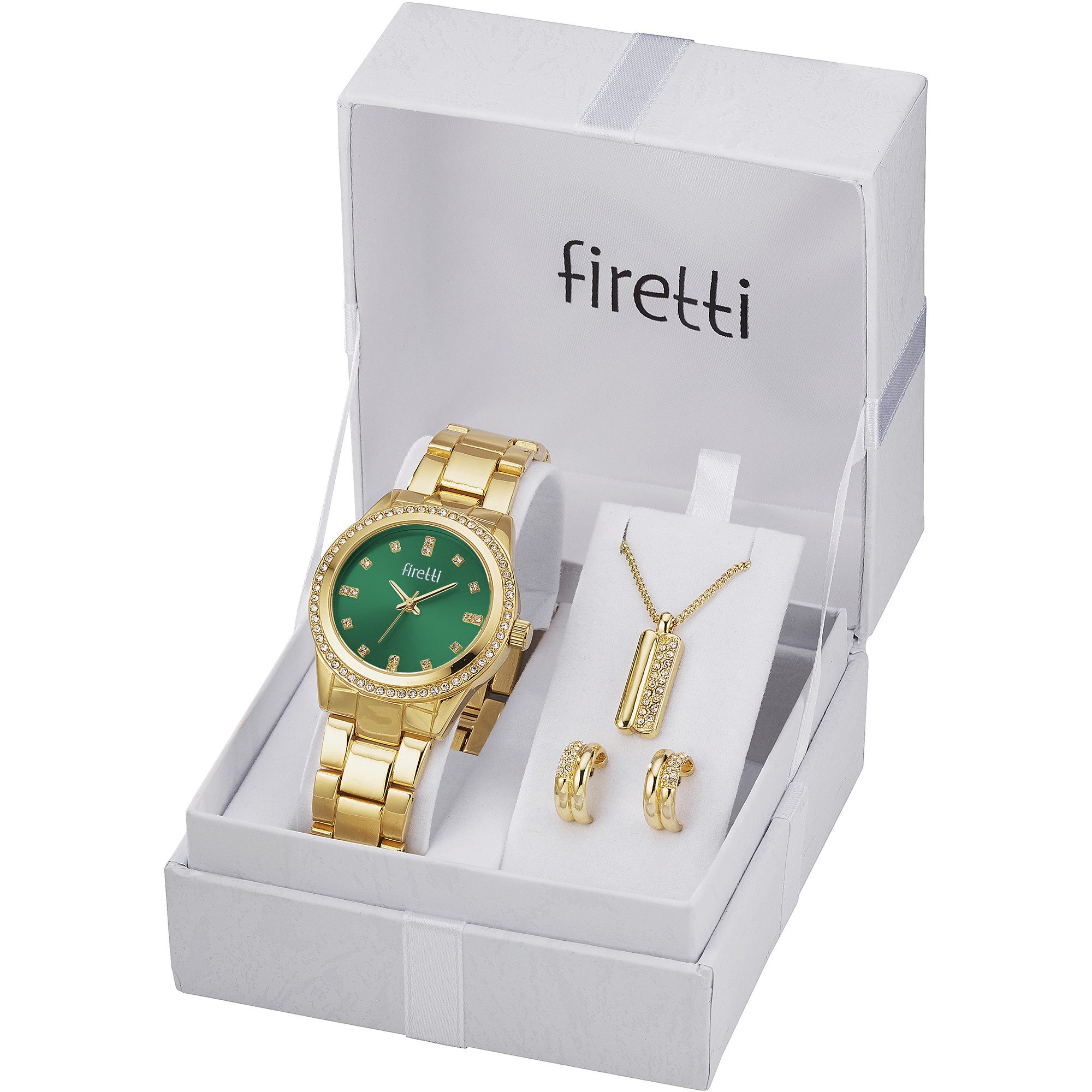 Firetti Quarzuhr Lumina, (Set, 5-tlg., mit Anhänger, Kette und 1 Paar Ohrsteckern), Armbanduhr, Damenuhr, Ideal auch als Geschenk, analog, Glassteine