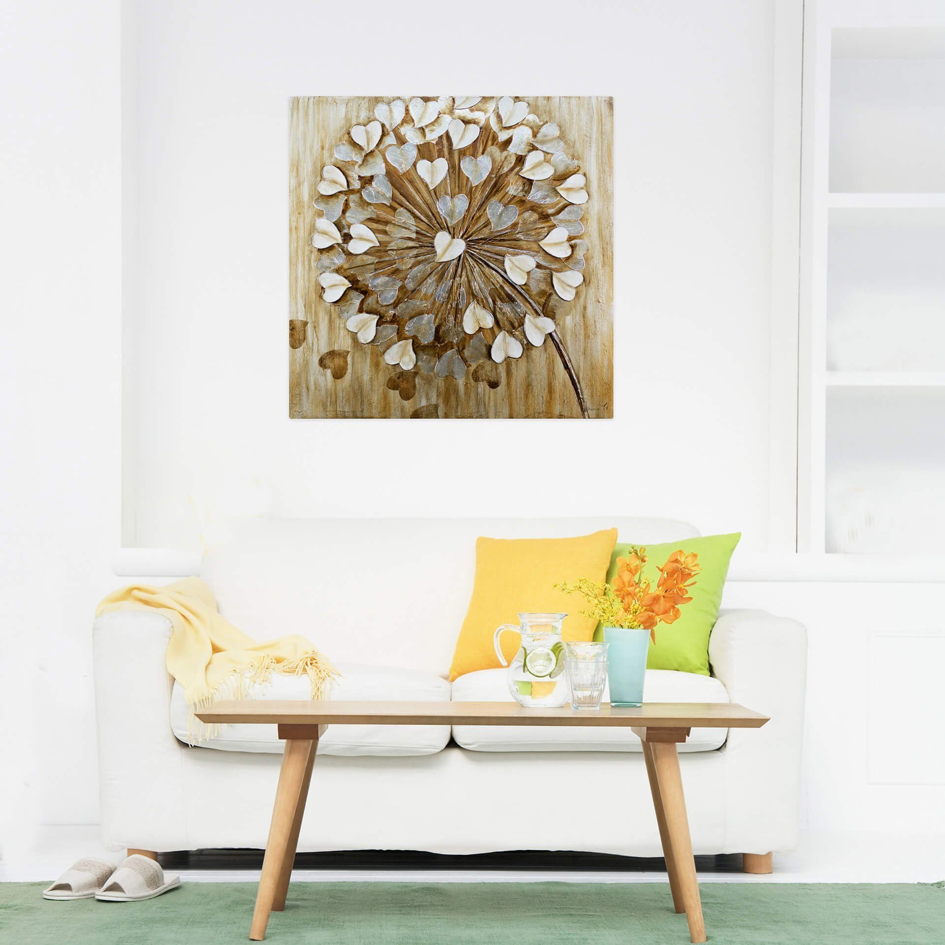 KUNSTLOFT Wohnzimmer Wandbild HANDGEMALT im Gemälde Wind 80x80 100% cm, Leinwandbild Pusteblume