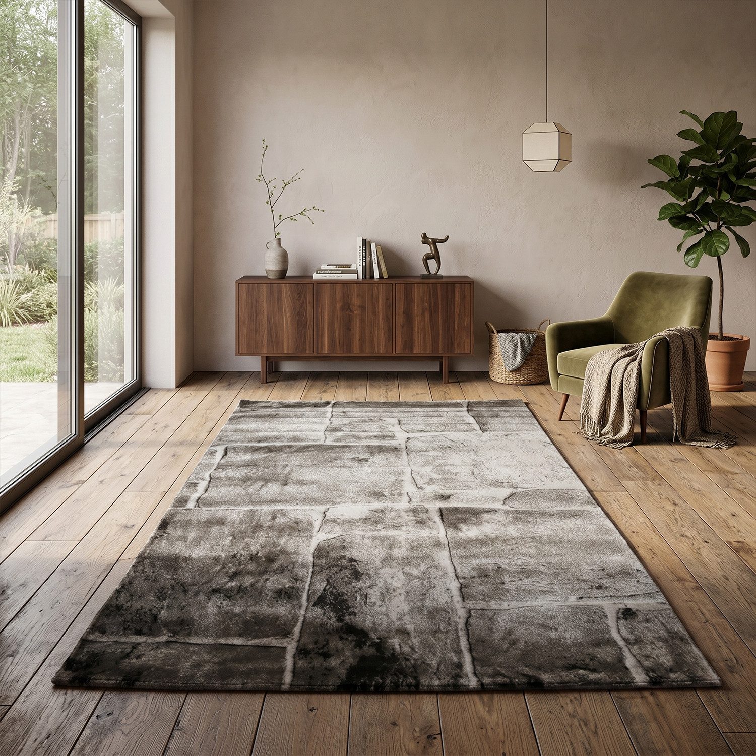 Vimoda Teppich Teppichwohnzimmer Motiv Granit Optik dicht, weich, Rechteckig, Höhe: 11 mm, Läufer Stein Mauer Optik in Beige Braun