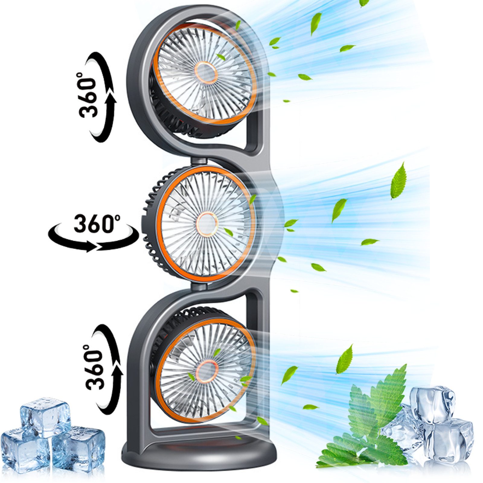 MOPUEA Standventilator 360° drehbarer 3-Kopf-Luftzirkulationsventilator USB-Tischventilator, 5 Stufen Standventilator Luftzirkulation Leiser Betrieb USB Aufladbar