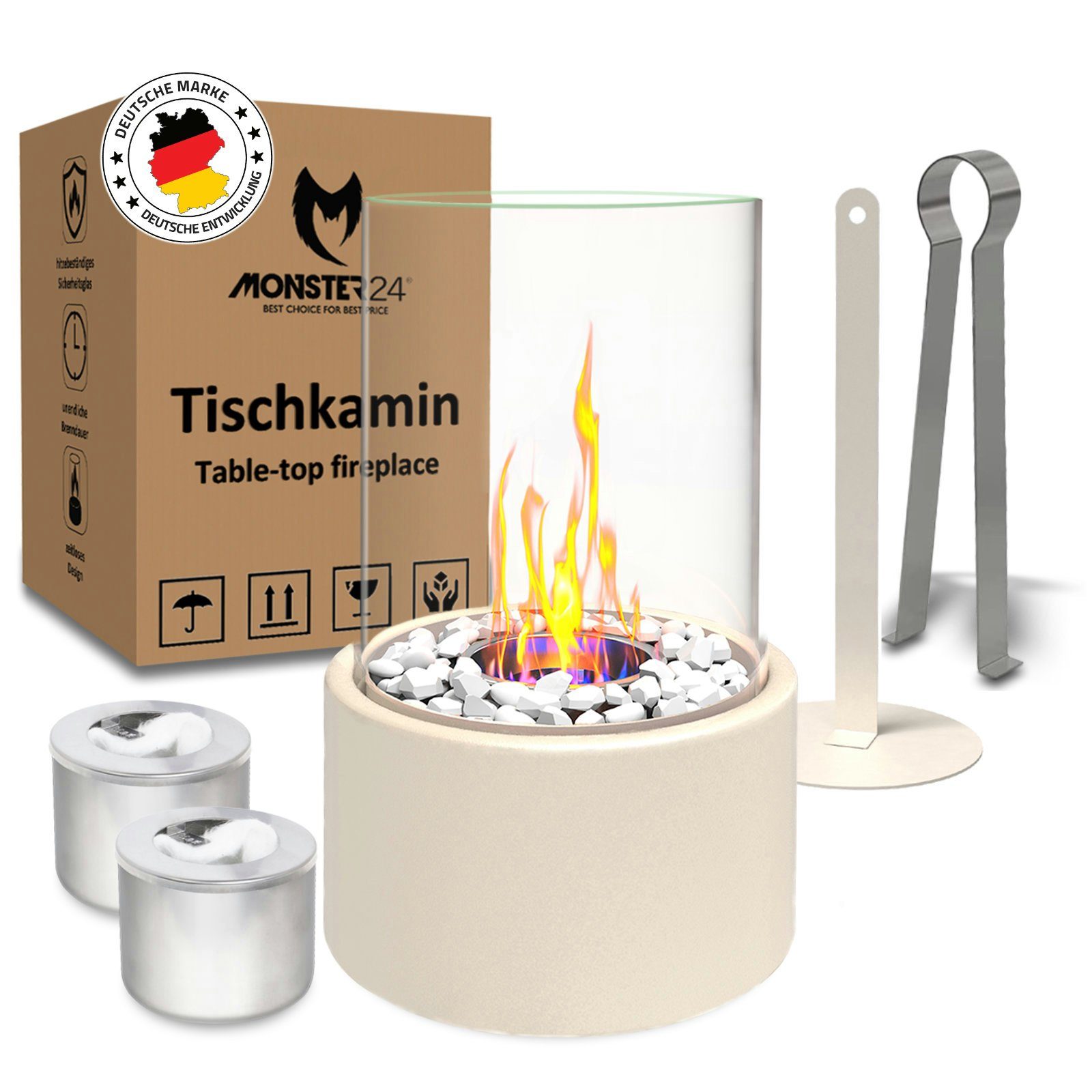 Monster24 Tischfeuer Bio-Ethanol Tischkamin für Indoor & Outdoor, Echtfeuer-Dekokamin (Höhe 26 cm / Durchmesser 16 cm) Creme