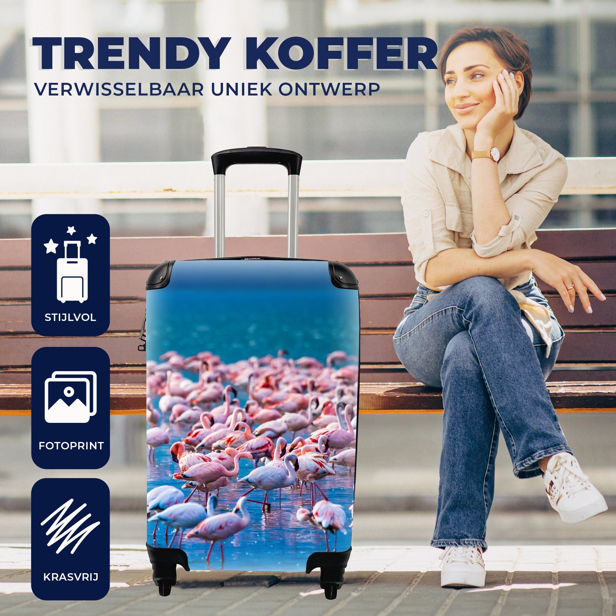 MuchoWow Handgepäckkoffer Flamingo - rollen, Rosa, Rollen, Trolley, Handgepäck mit Reisetasche Wasser Reisekoffer - Ferien, Tropisch 4 für 