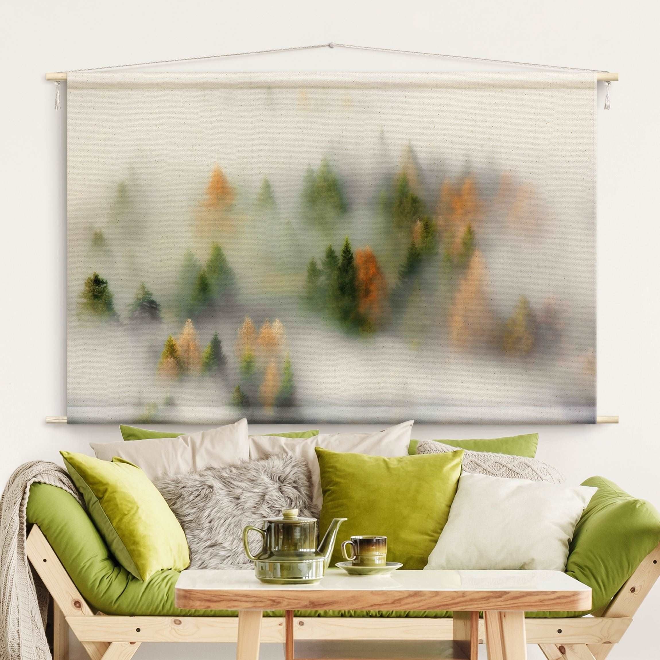 Bilderdepot24 Wandteppich modern Wald Natur grau, rechteckig, Höhe: 2.6 mm, großes Wandbild aus Natur-Baumwolle Wandbehang Stoffbild Tuch Wollseil