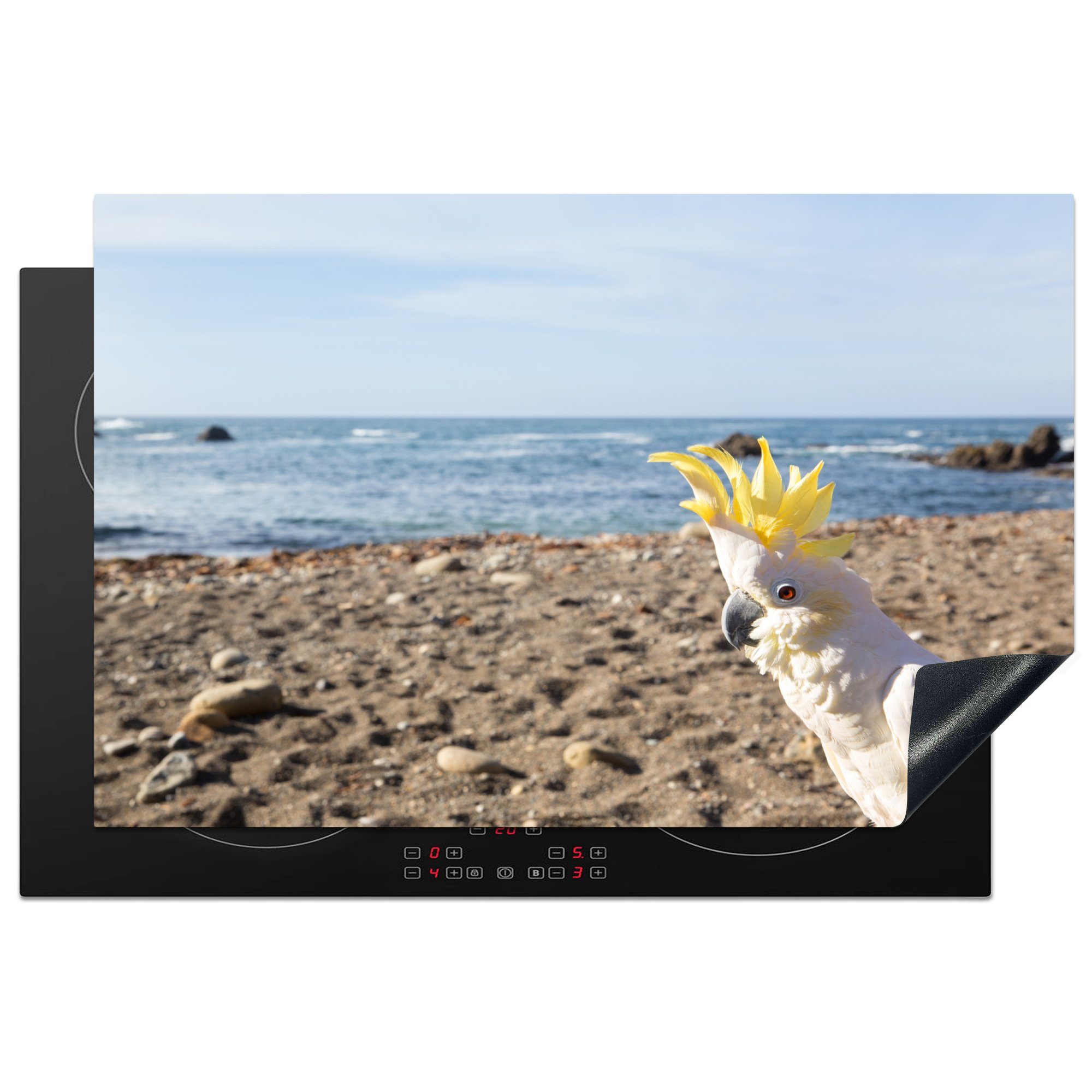 MuchoWow Herdblende-/Abdeckplatte Ein weiß-gelber Kakadu am Strand, Vinyl, (1 tlg), 81x52 cm, Induktionskochfeld Schutz für die küche, Ceranfeldabdeckung