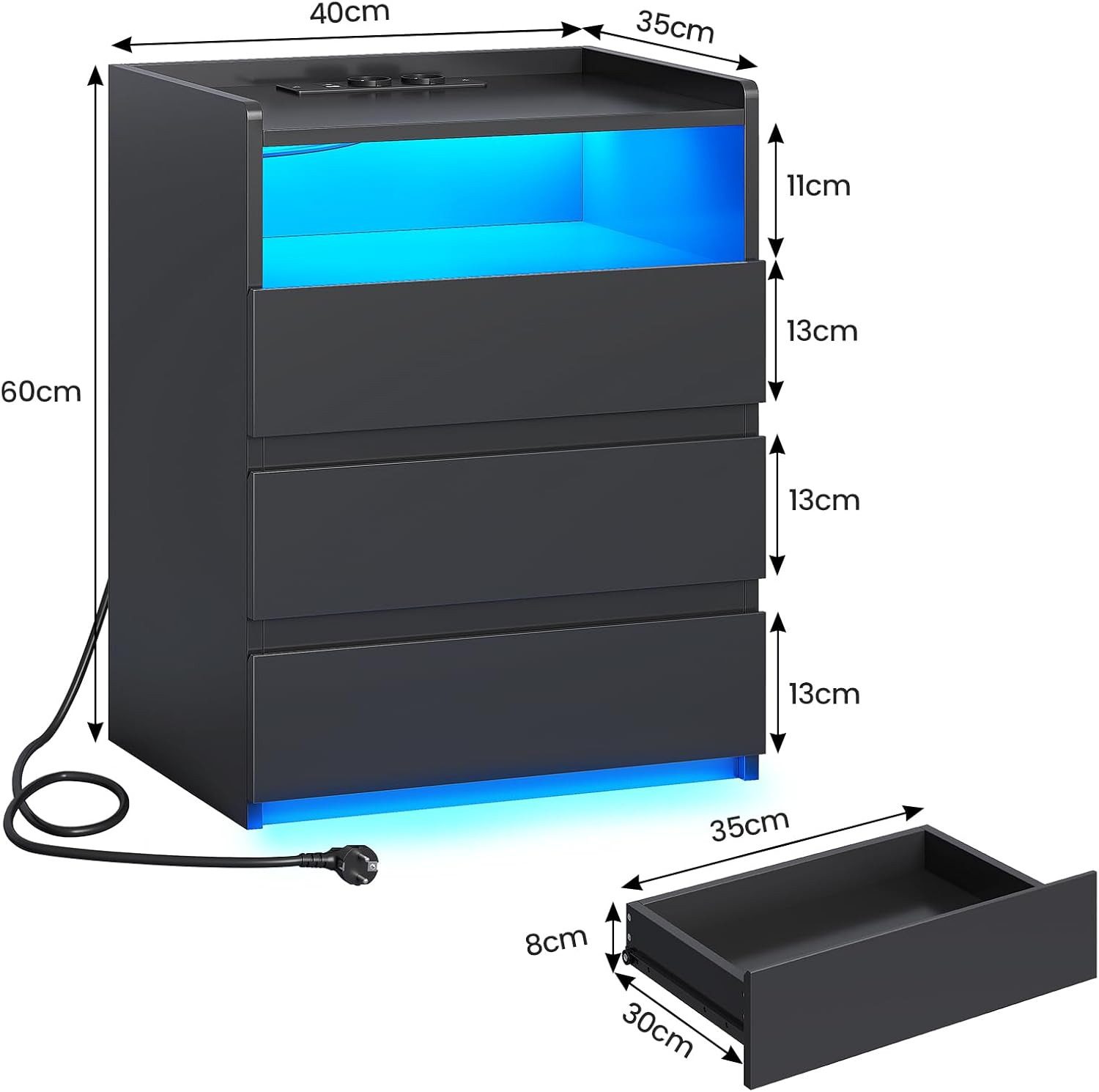 MSMASK Nachttisch mit 3 Schubladen, Steckdosenleiste und LED-Beleuchtung (1 günstig online kaufen