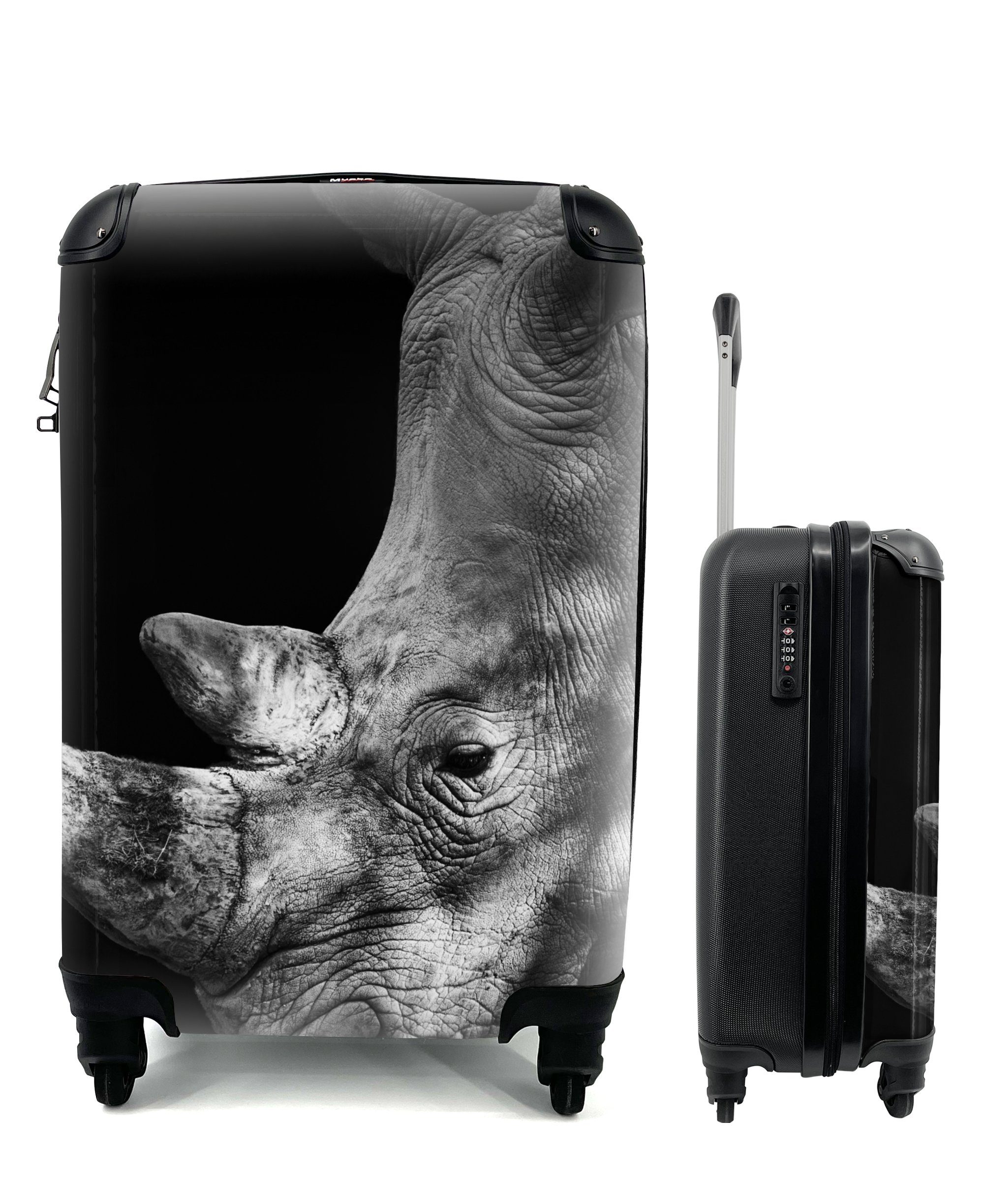 MuchoWow Handgepäckkoffer Rhinozeros - Tier - Licht, 4 Rollen, Reisetasche mit rollen, Handgepäck für Ferien, Trolley, Reisekoffer