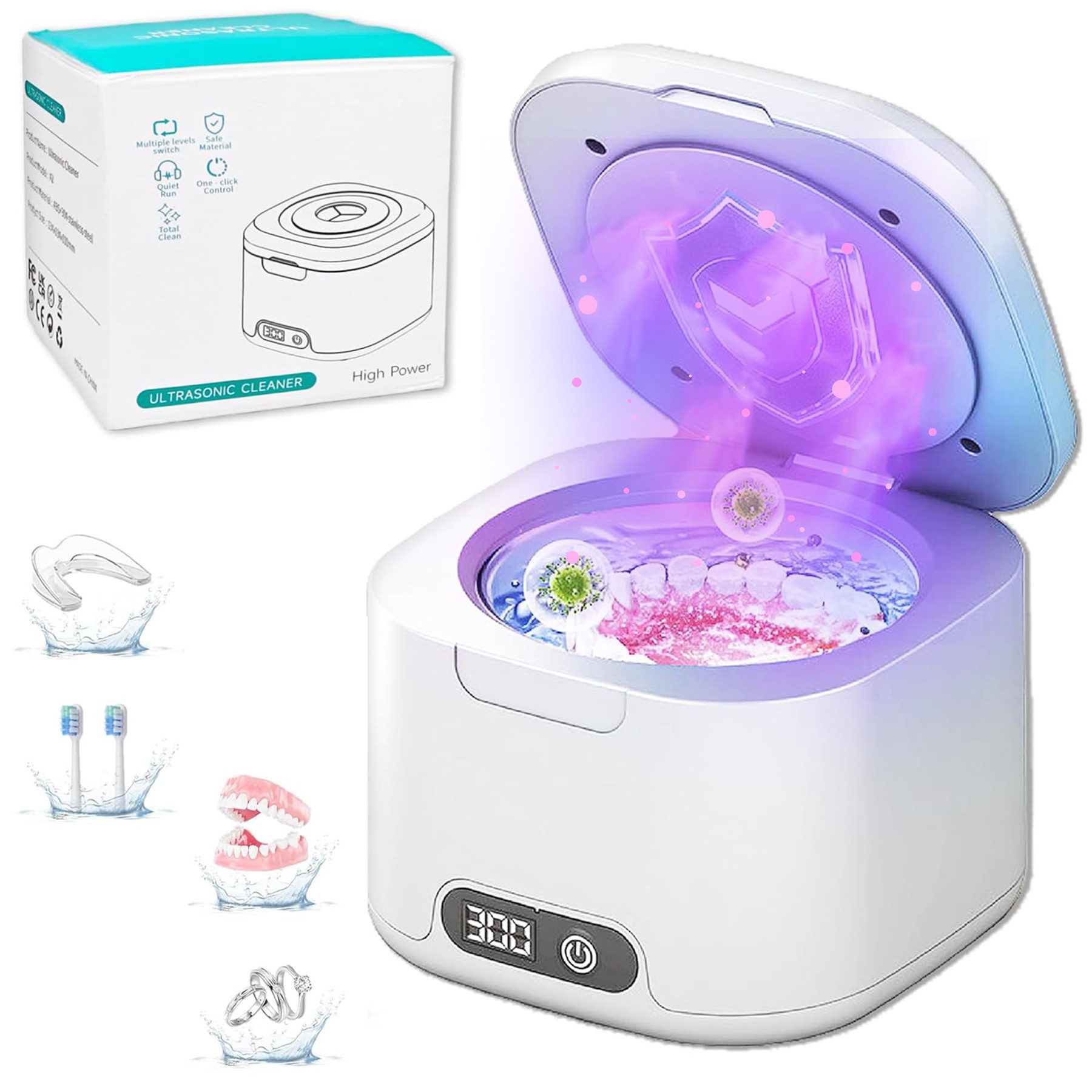 Senmudi Ultraschallreiniger Ultraschallreinigungsgerät 50000Hz mit 4 Modes, 340ML Ultraschallreiniger - Ultrasonic Cleaner für Zahnersatz,Retainer