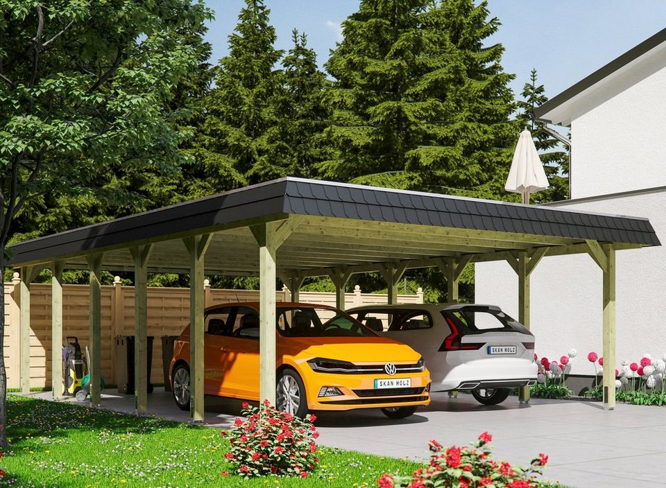 Skanholz Doppelcarport Spreewald, BxT: 585x893 cm, 215 cm Einfahrtshöhe,  Flachdach-Carport mit Aluminium-Dachplatten