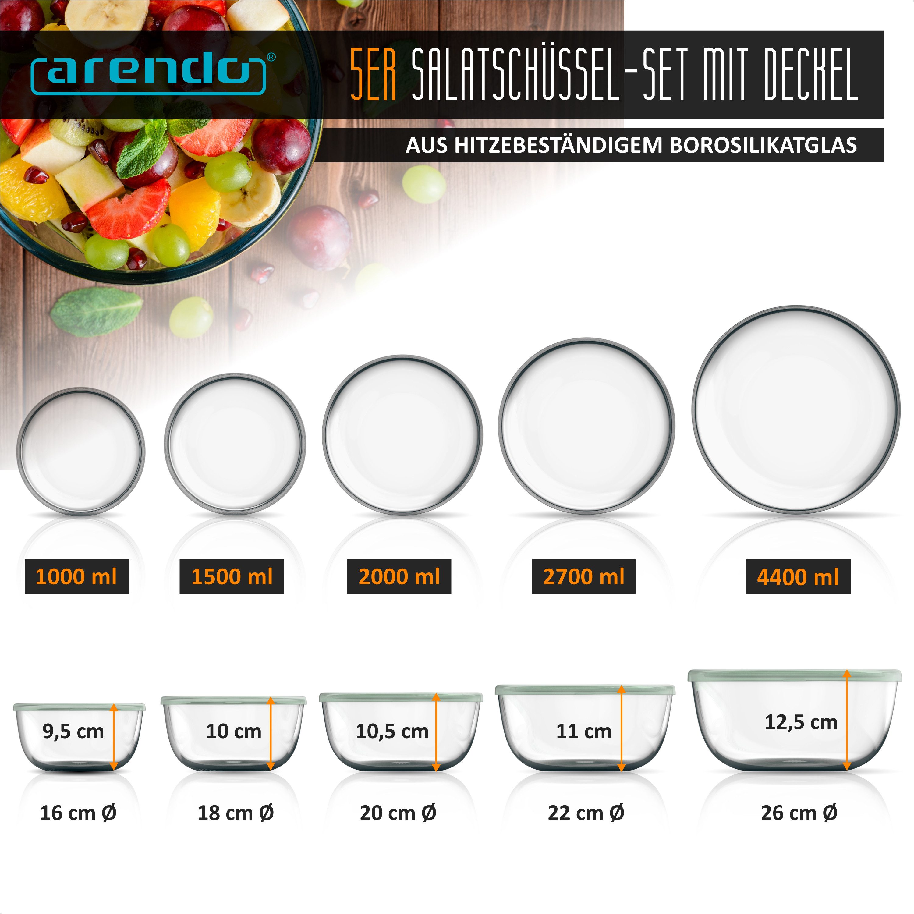 Arendo Salatschüssel 5x Glasschüsseln + Deckel 1L, 1,5L, 2L, 2,7L & 4,4L, Glas Rührschüssel, Glas, (5er Set, 5-tlg), Glasschale, BPA-frei, spülmaschinen- und mikrowellengeeignet