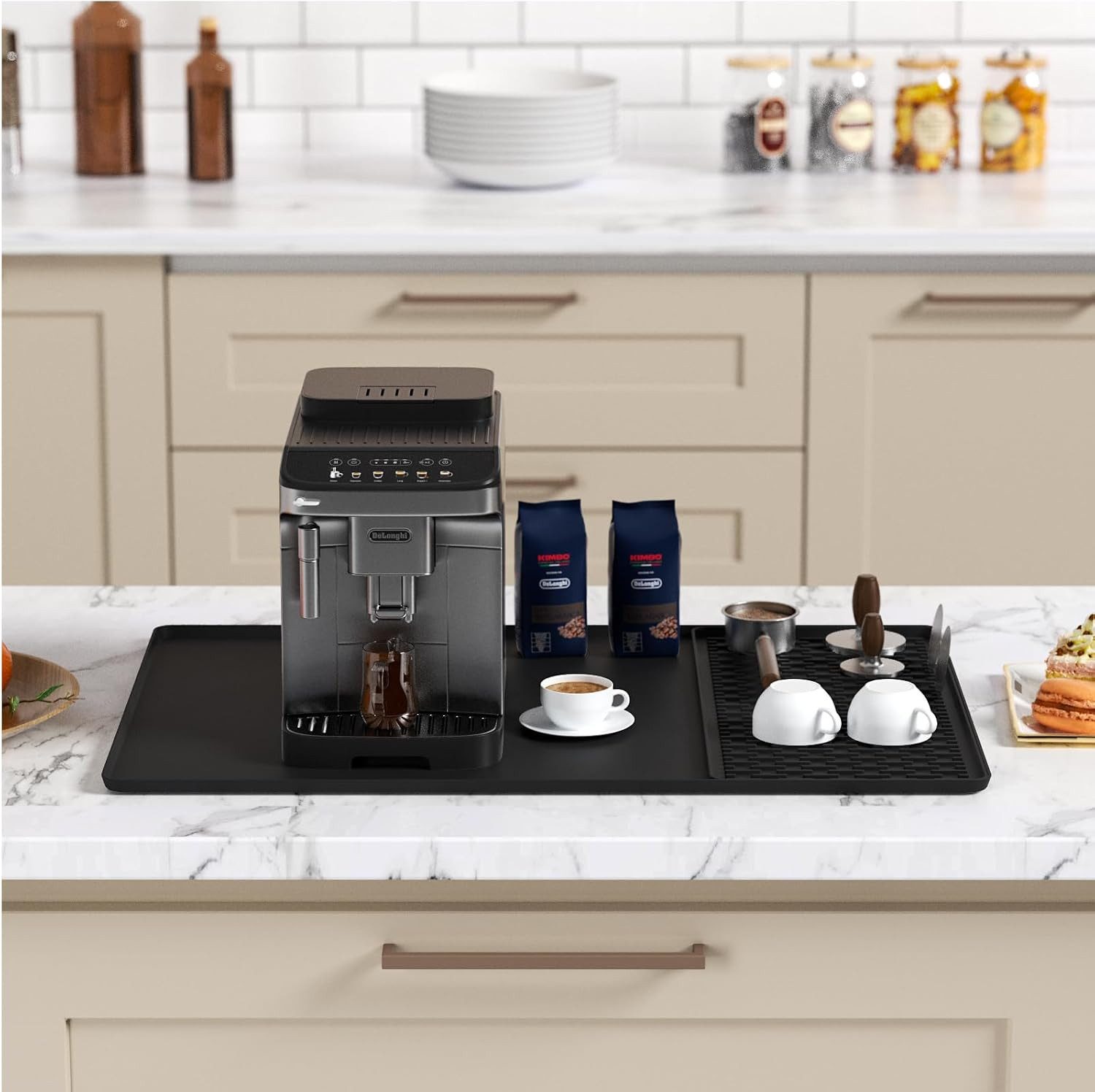 ibettertec Abtropfmatte Abtropfmatte 2-in-1 Silikon-Kaffeematte Set mit Erhöhtem Rand, Zubehör für Kaffeemaschinen; Kaffeepadmaschinen; Siebträgermaschinen; Geschirr; Tassen (universell passend), 60x40cm Spillmatte + 40x19cm Trockenmatte