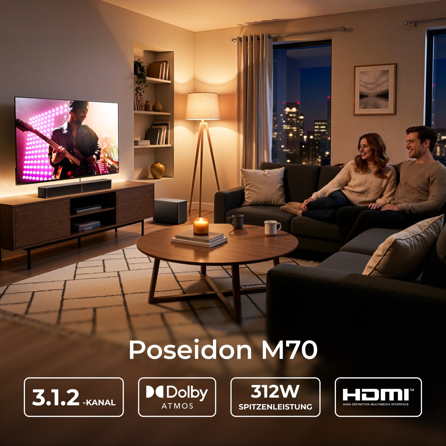 Ultimea Poseidon M70 3.1 Soundsystem 3.1.2-Kanal Dolby Atmos surround sound system (5,25'' Wireless-Subwoofer, 312 W, 2 Up-Firing-Treiber, Ultimea App, VoiceMX™, BassMX™,Bluetooth® 6.0)