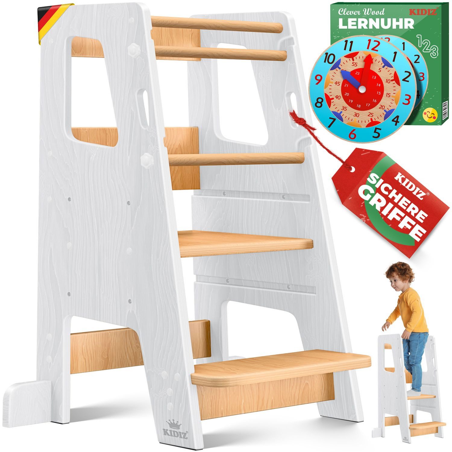 KIDIZ Stehhilfe Montessori Lernturm aus Kiefernholz ab 1 Jahr & bis 50 kg belastbar (Tritthocker inklusive Lernuhr & abnehmbarer Anti-Kipp-Schutz), 3-stufig Höhenverstellbar, spielerisch motorische Fähigkeiten fördern