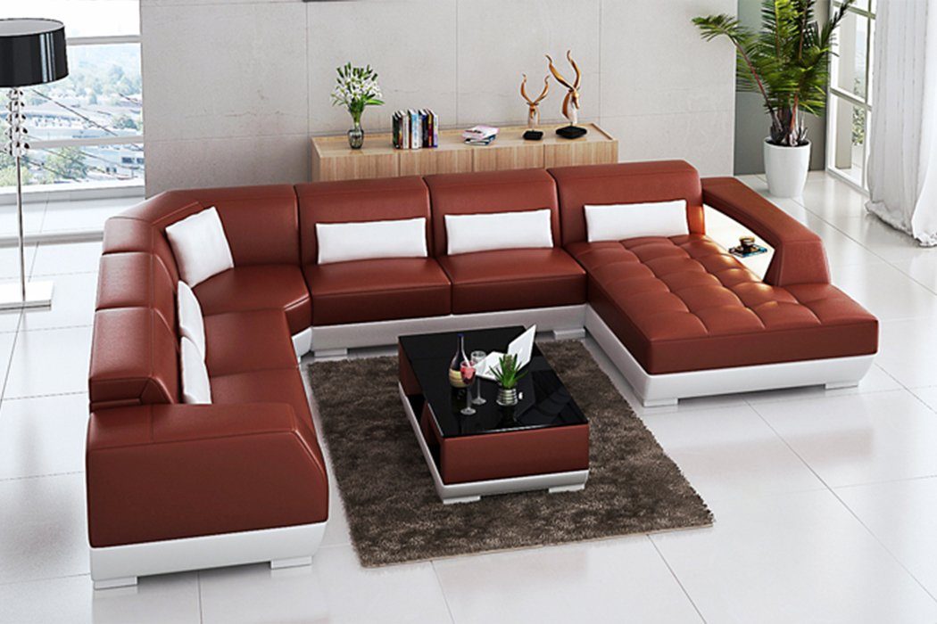 JVmoebel Ecksofa, Ledersofa Wohnlandschaft Rot Ecksofa Garnitur Design +USB,Couch Eck Modern