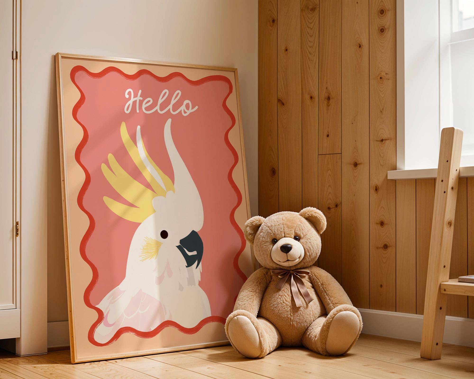 JUSTGOODMOOD Poster Premium ® Vogel Kakadu mit Hello Schriftzug Kinderzimmer, (1 St), verschiedene Größen wählbar