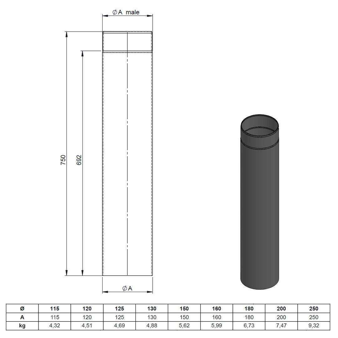 Feuercampus Ofenrohr Ø 200 mm 75 cm - schwarz, 200 mm