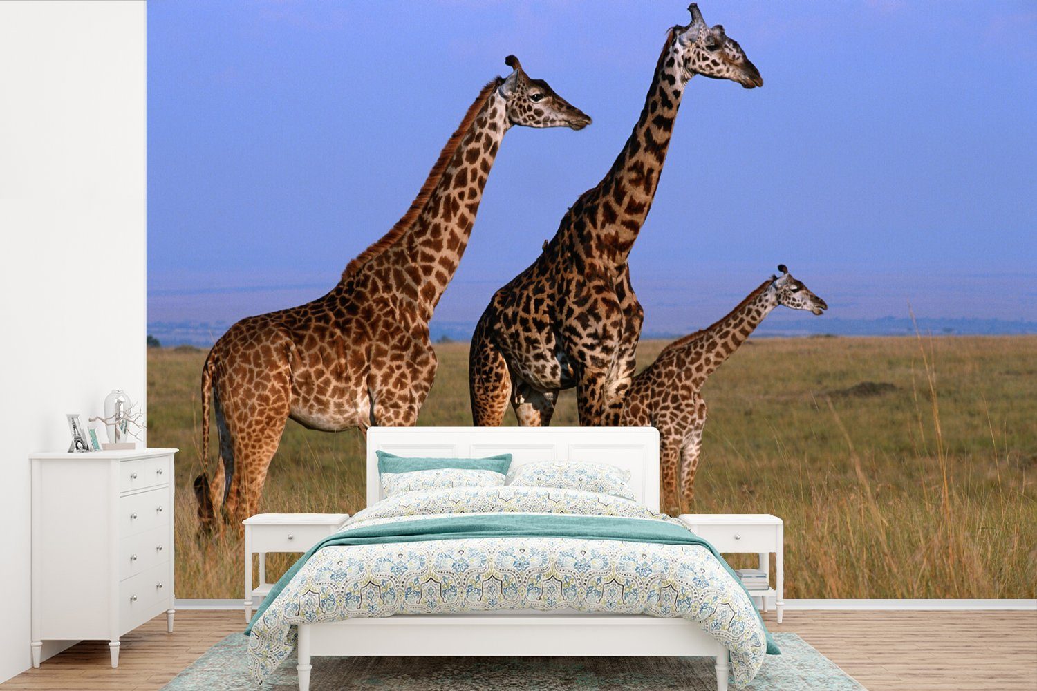 MuchoWow Fototapete Drei Giraffen in Kenia, Matt, bedruckt, (6 St), Wallpaper für Wohnzimmer, Schlafzimmer, Kinderzimmer, Vinyl Tapete
