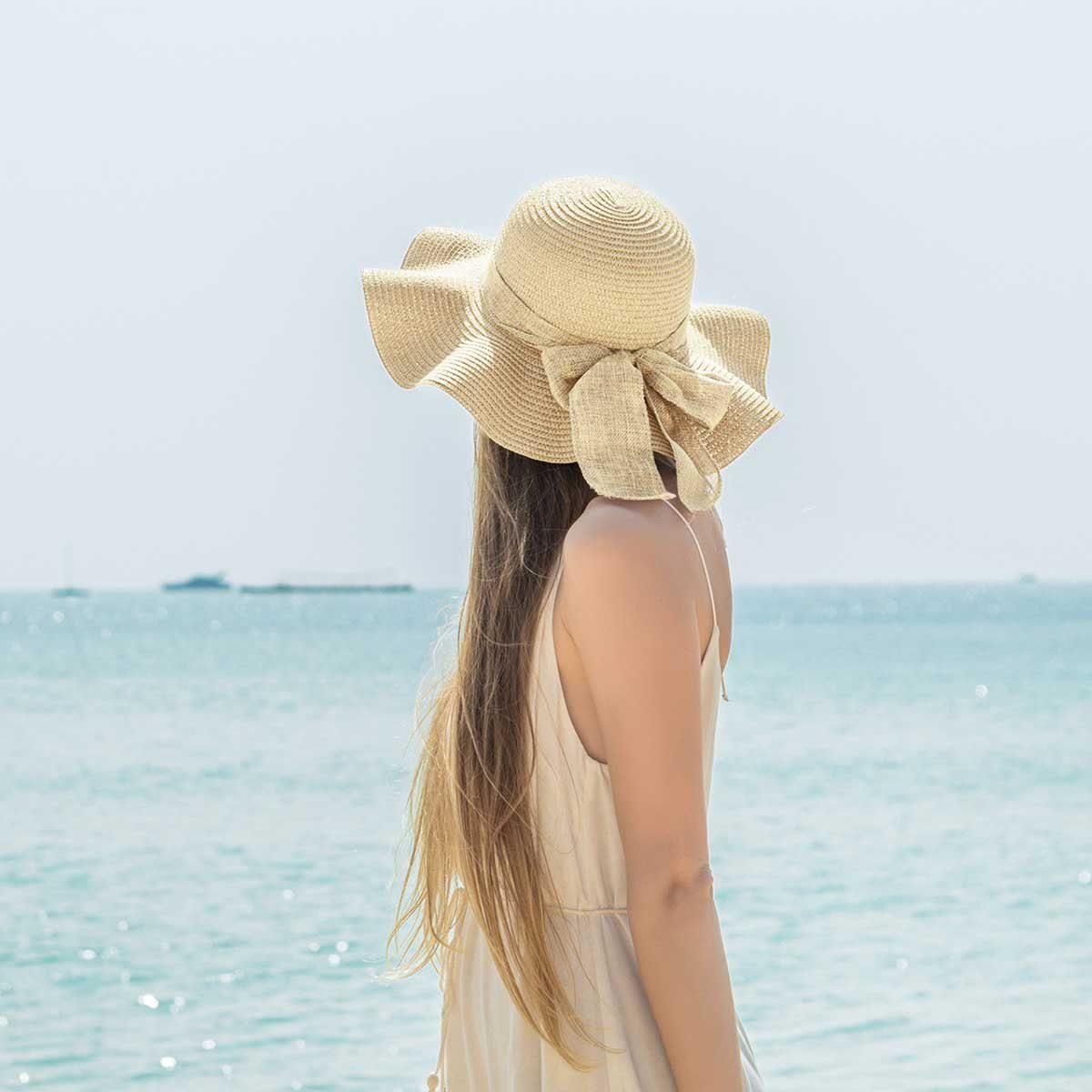 Vivi Idee Strohhut Sonnenhut Sommerhut Strandhut Straw hat, Damen faltbar, Einheitgröße wellenförmiger Rand
