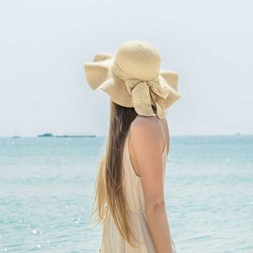 Vivi Idee Strohhut Sonnenhut Sommerhut Strandhut Straw hat, Damen faltbar, Einheitgröße wellenförmiger Rand