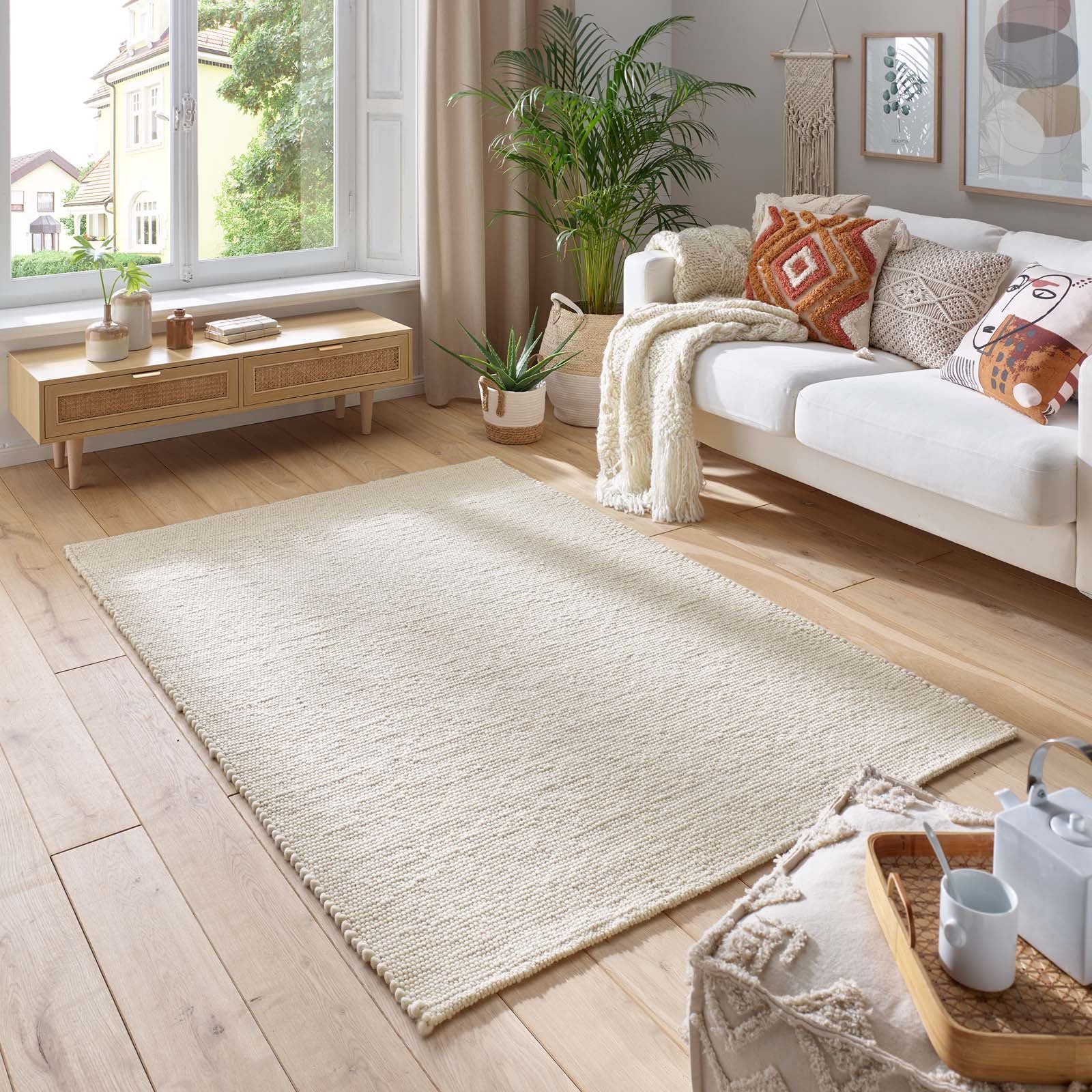 TaraCarpet Wollteppich TaraCarpet Limburg handgewebter Schurwollteppich aus gewalkter Wolle, rechteckig, Höhe: 8 mm, Handgewebt Teppich weiß uni Wohnzimmer Schlafzimmer 070x130 cm