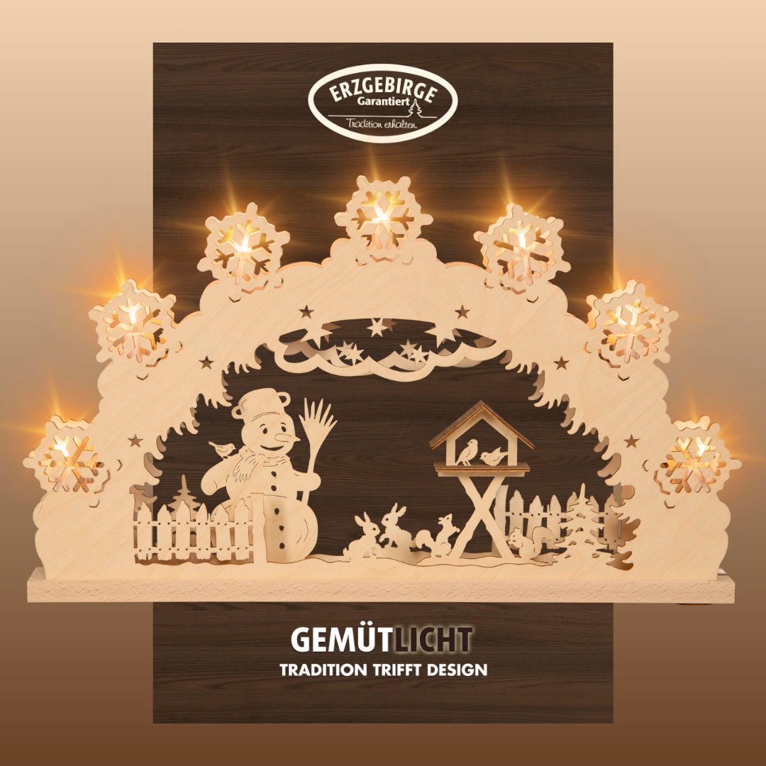 Weigla LED Schwibbogen Schneemann, Lichterbogen aus Holz NATUR-BRAUN, Made in Germany (1-tlg), Erzgebirge garantiert, Weihnachtsdeko Innen, Weihnachtsbeleuchtung