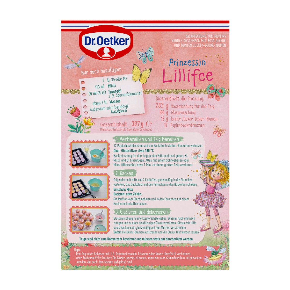 Dr. Oetker Küchenhelfer Backmischung, Dr. Oetker Prinzessin Lillifee Muffins mit rosa Glasur Packung 397g