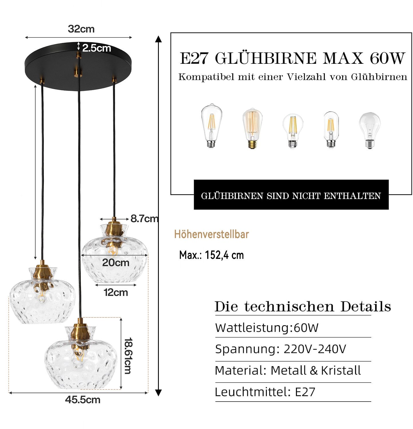 Tribesigns Pendelleuchte 3-flammig, Hängeleuchte Esstisch mit Wasserriffel-Glasschirmen, ohne Leuchtmittel, Tageslichtweiß, Höhenverstellbar E27 Fassung Hängeleuchte