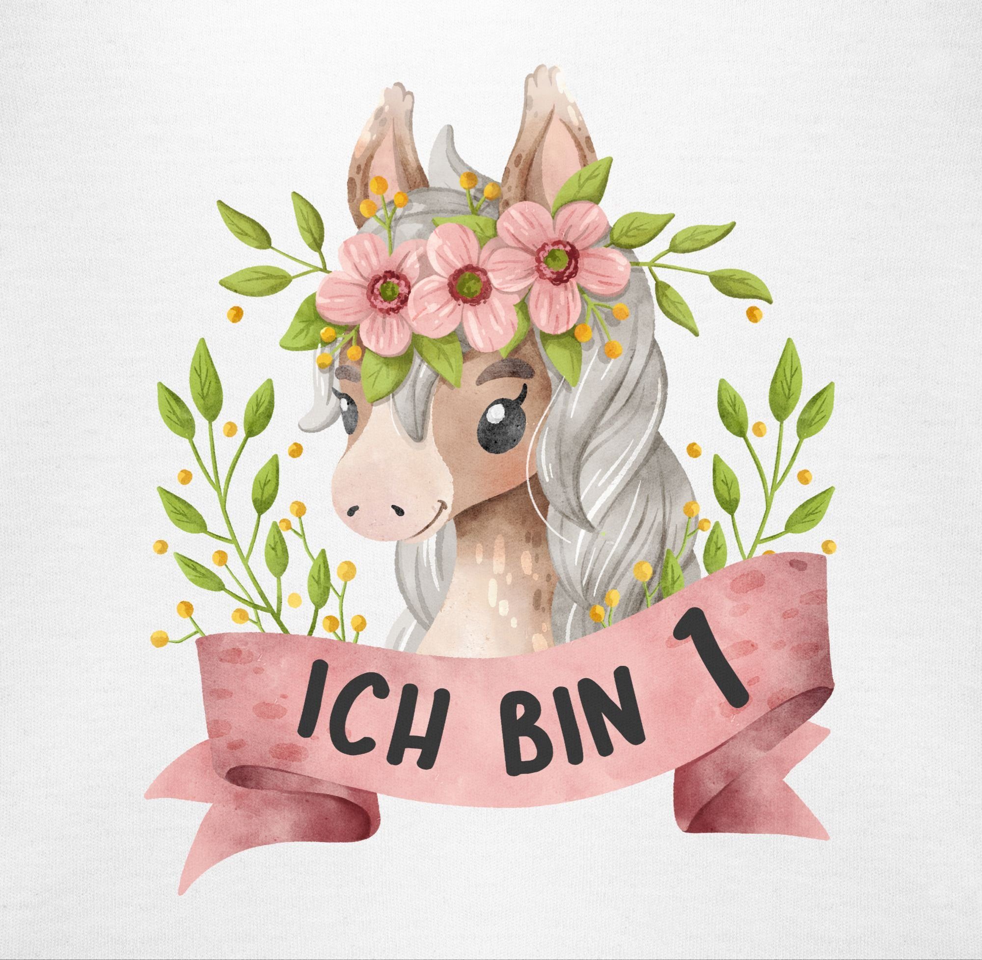 Shirtracer T-Shirt Ich bin eins mit süßem Pferd mit Blumen 1. Geburtstag
