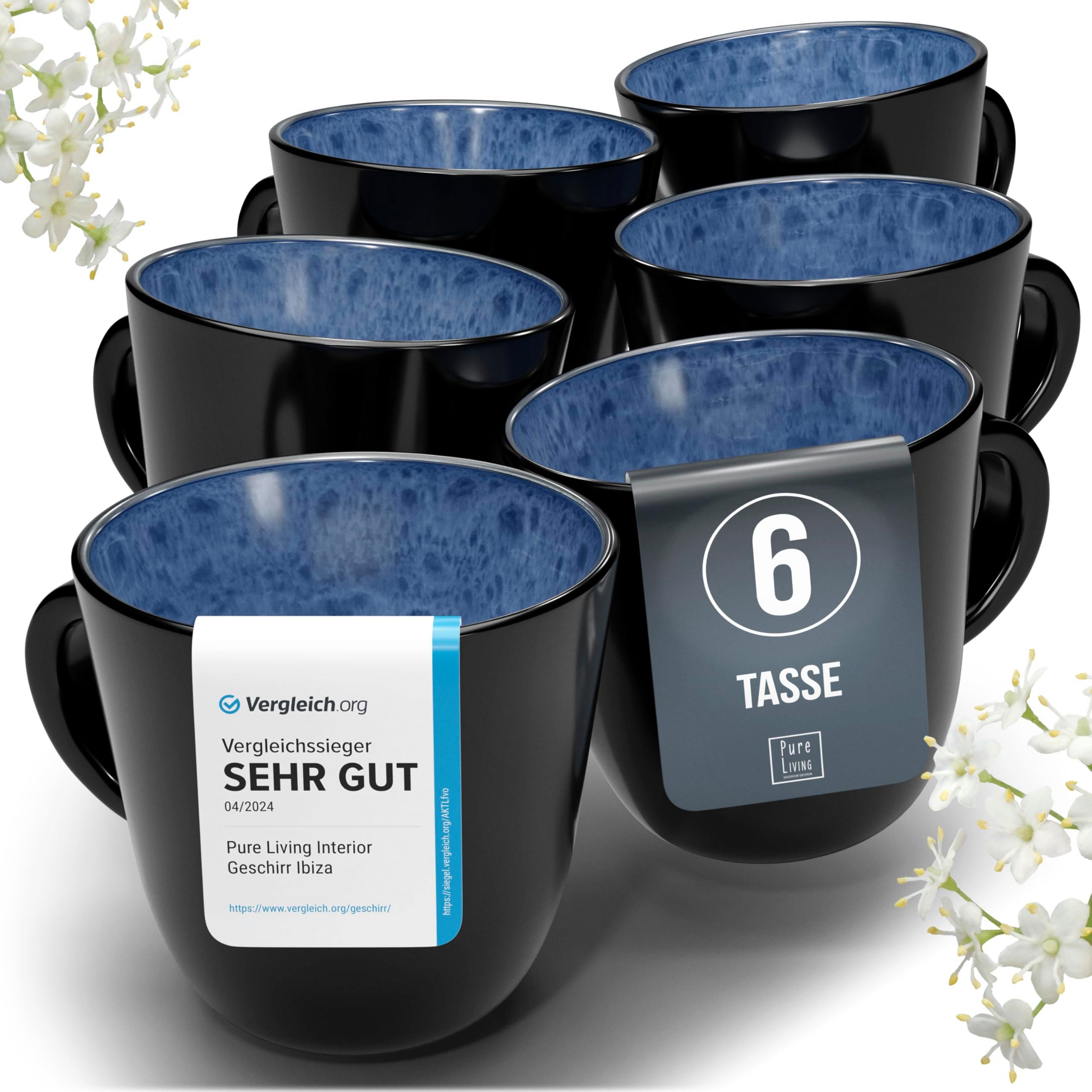 PURE LIVING INTERIOR DESIGN Geschirr-Set Steingut Kaffeetassen 6 Personen Ibiza TESTSIEGER, Traumhaftes Mediter (6-tlg), 6 Personen, Steingut, Mediterrane Handwerksoptik, Reaktive Glasur – jedes Stück einzigartig…