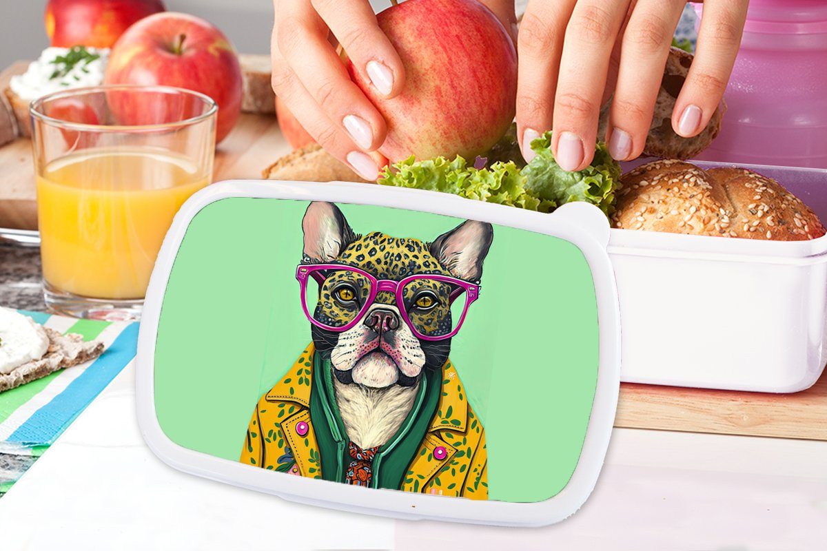 Brotbox Hund MuchoWow - Erwachsene, weiß Kunststoff, Lunchbox und - - (2-tlg), Brille, für Tiere Hippie und Kinder Mädchen Brotdose, für Jungs