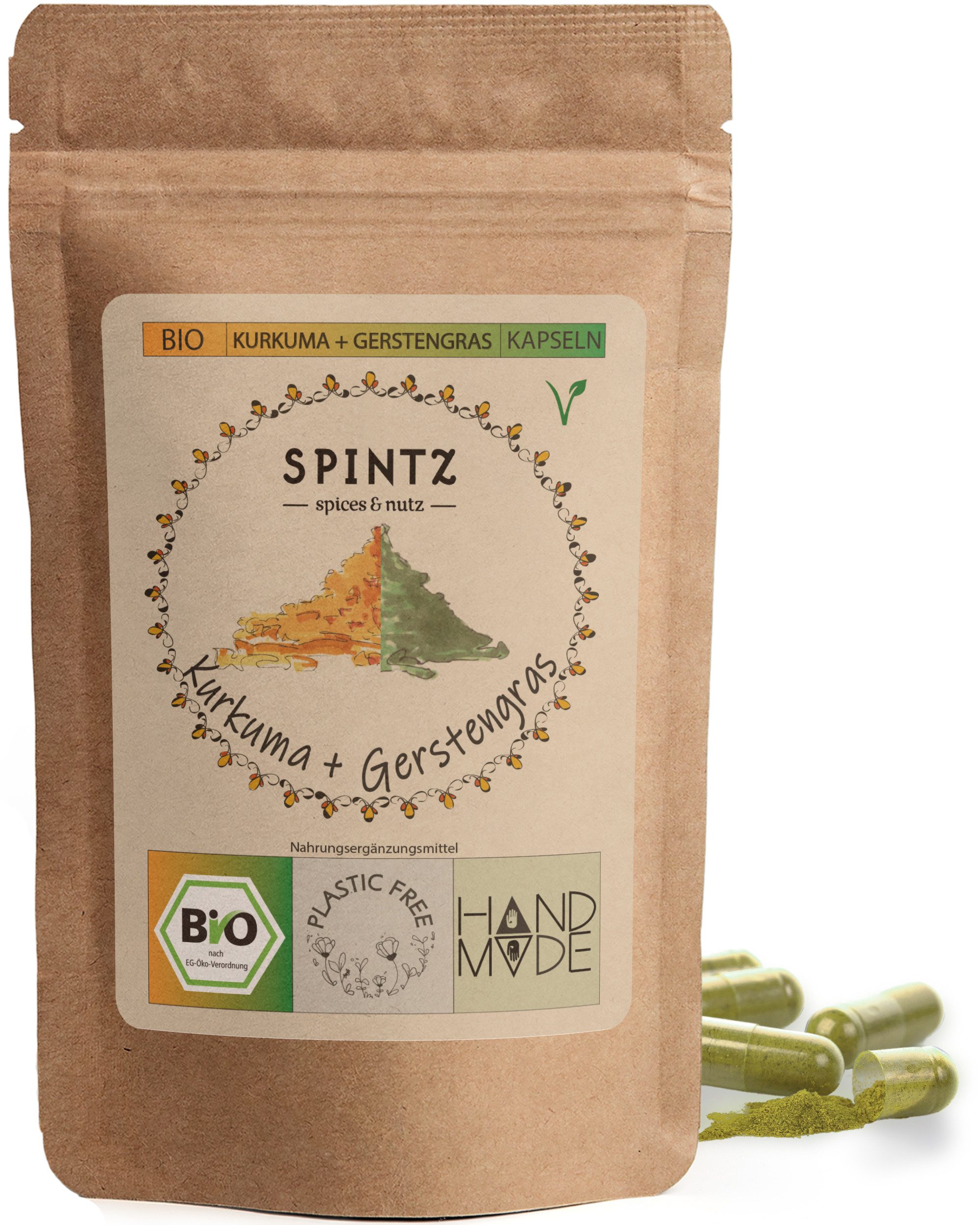 SPINTZ Bio Kurkuma Gerstengras Kapseln 180 Stk 2x3 Kapseln (2,4g Kurkuma Pulver und 1,2g Gerstengras Pulver) täglich mit ausreichend Flüssigkeit einnehmen, 1 er 180 St., 133.5 g
