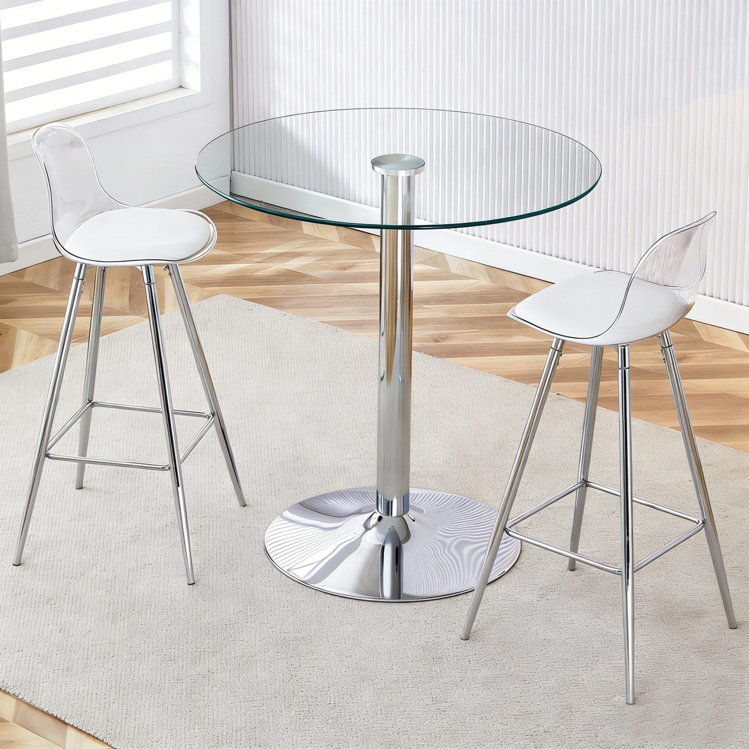 ANYSUN Bartisch Runder Glastisch mit 2 Barhocker (moderner gehärteter Runder Glastisch mit 89 cm,3-5 Sitzer-Bistrotisch), für Küche, Frühstück, Pub, Café, platzsparendes Design