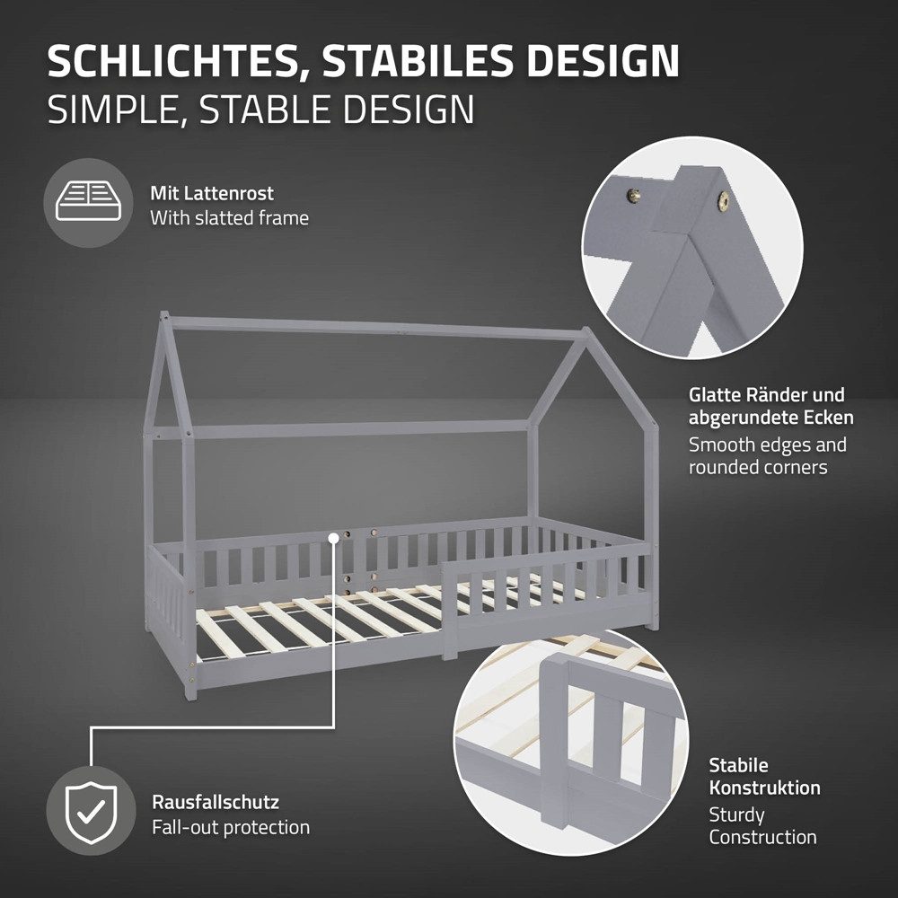 ML-DESIGN Spielbett Hausbett Kinderbett inkl. Lattenrost kreativ Bodenbett für Kinder, Abenteuerbett mit Rausfallschutz Kiefer Hellgrau Himmelbett Bettenhaus